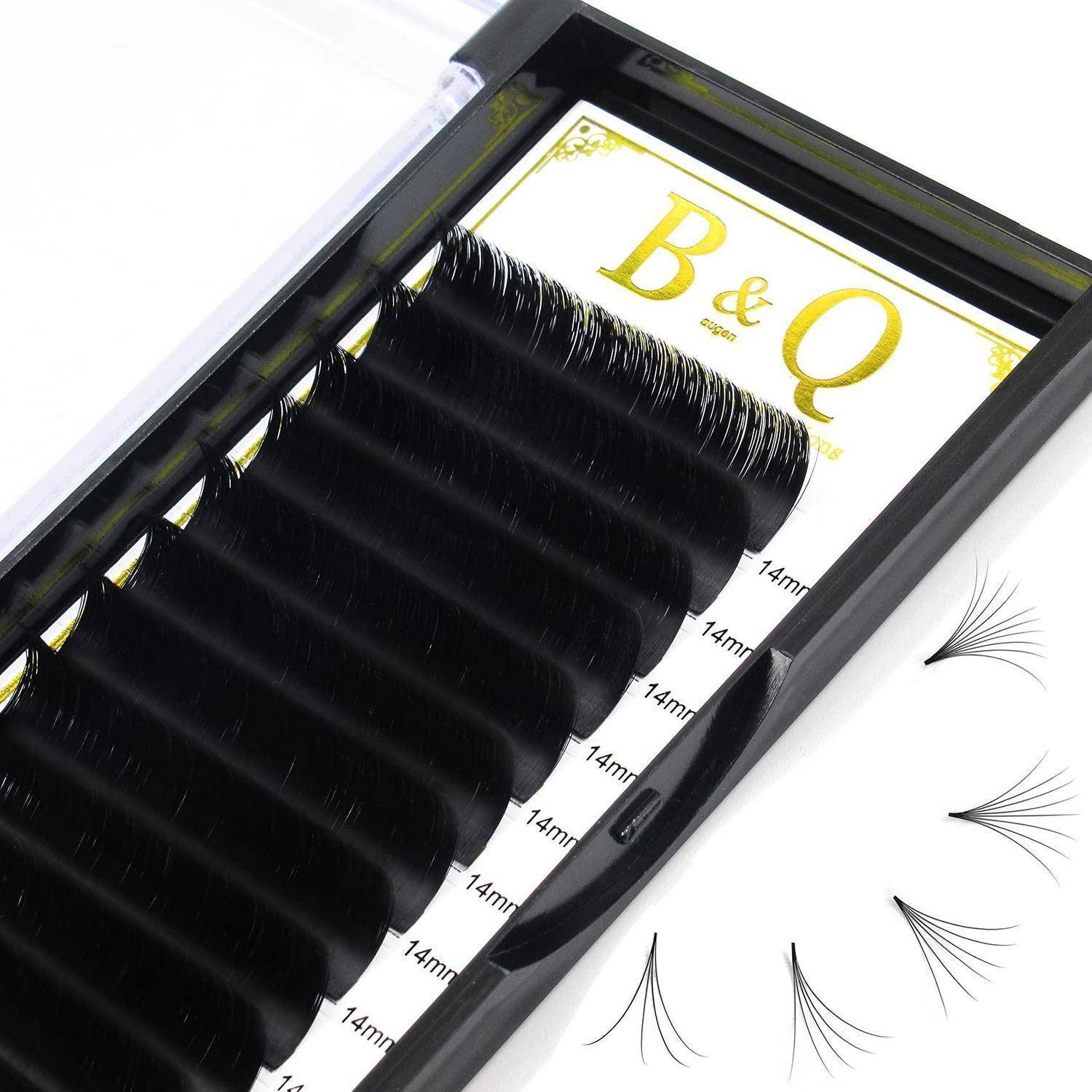 Offene Schachtel mit schwarzen Wimpernverlängerungen mit der Bezeichnung „B&Q