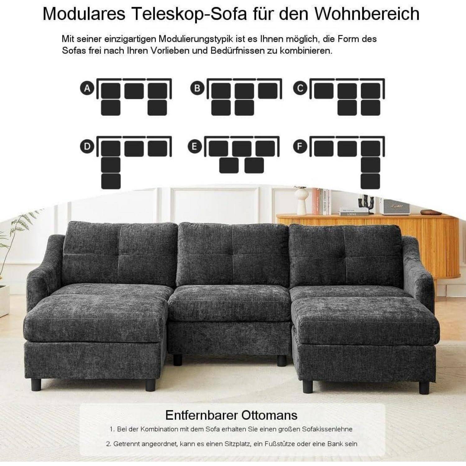 Modulares graues Fernseh-Eck-Sofa mit abnehmbarem Sitzkissen, das sechs mögliche L-förmige Konfigurationen mit den Bezeichnungen A–F zeigt.