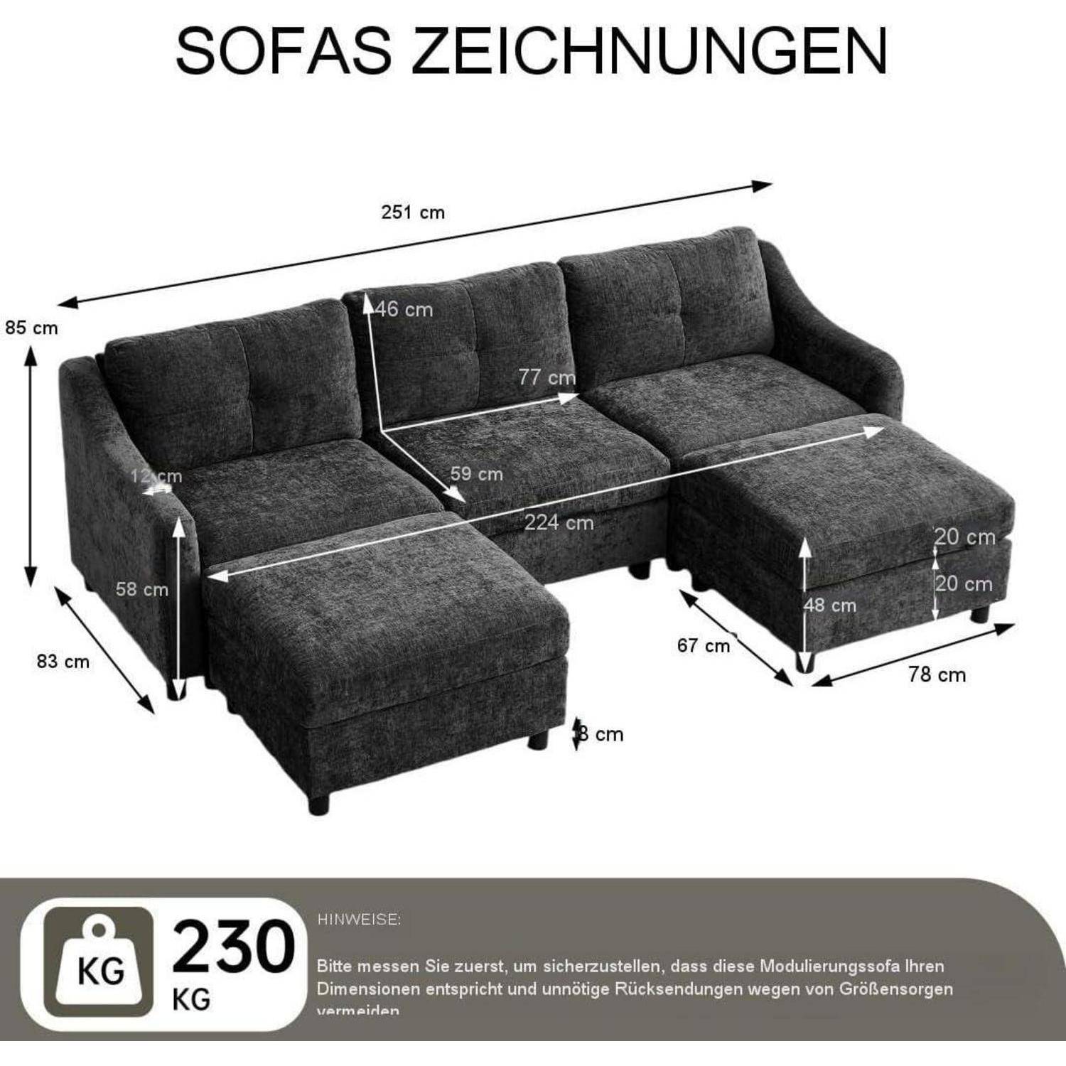 Modulares L-förmiges graues Sofa-Diagramm mit Messwerten, zeigt 251 cm Länge, maximale Last 230 kg und Abmessungen für Sitze, Tiefe und Höhe.