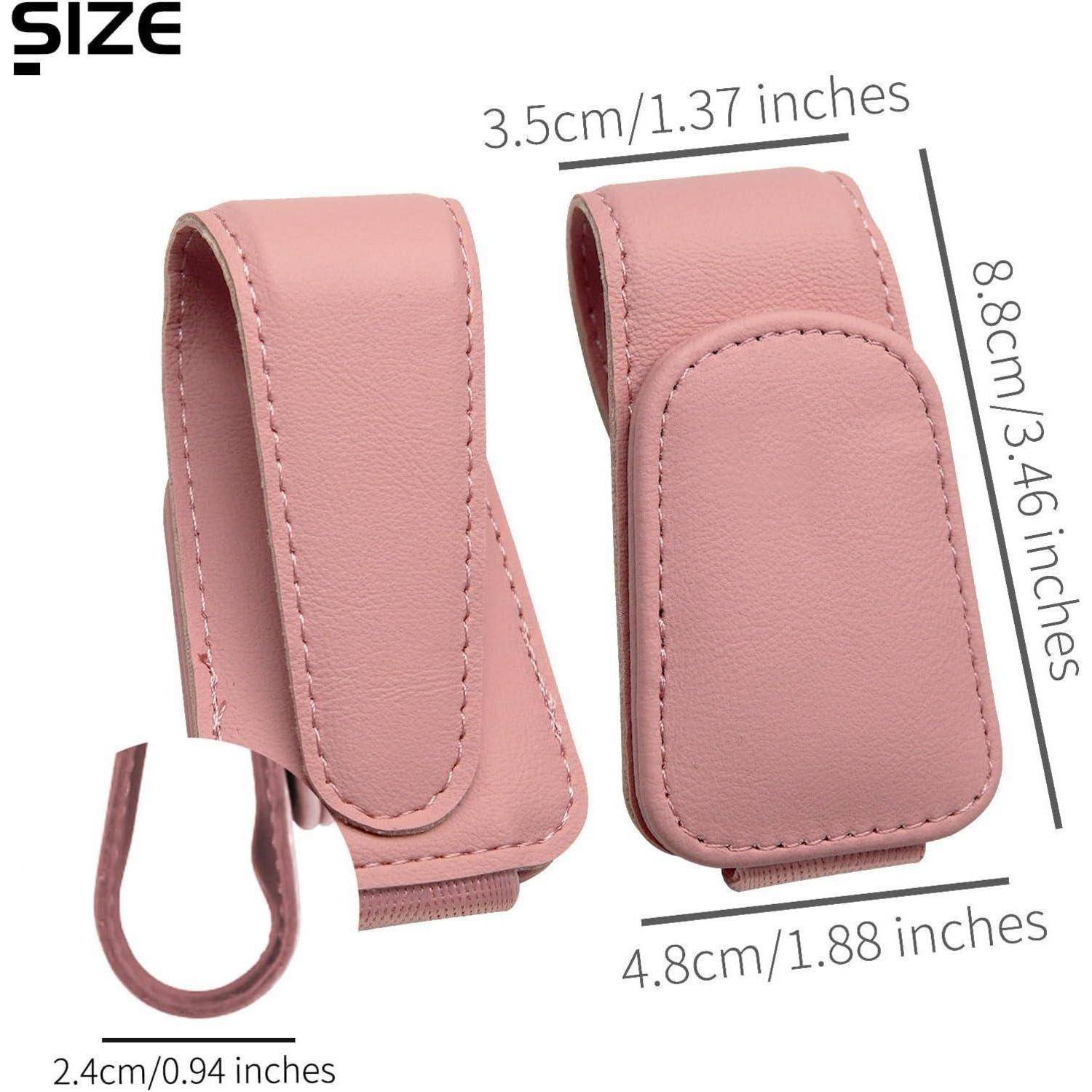 Rosa Ledertasche mit Clip, gezeigt in Vorder- und Seitenansicht mit Größenangaben: 3,5 cm breit, 8,8 cm hoch, 4,8 cm Bodenbreite und 2,4 cm Schlaufenlänge.