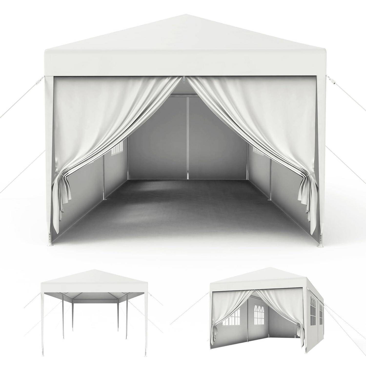 Produktbilder eines weißen Pop-up-Veranstaltungszelts mit drapiertem vorderen Vorhang, dargestellt von vorne sowie kleinere Seiten- und offene Rahmenbild-Ansichten.