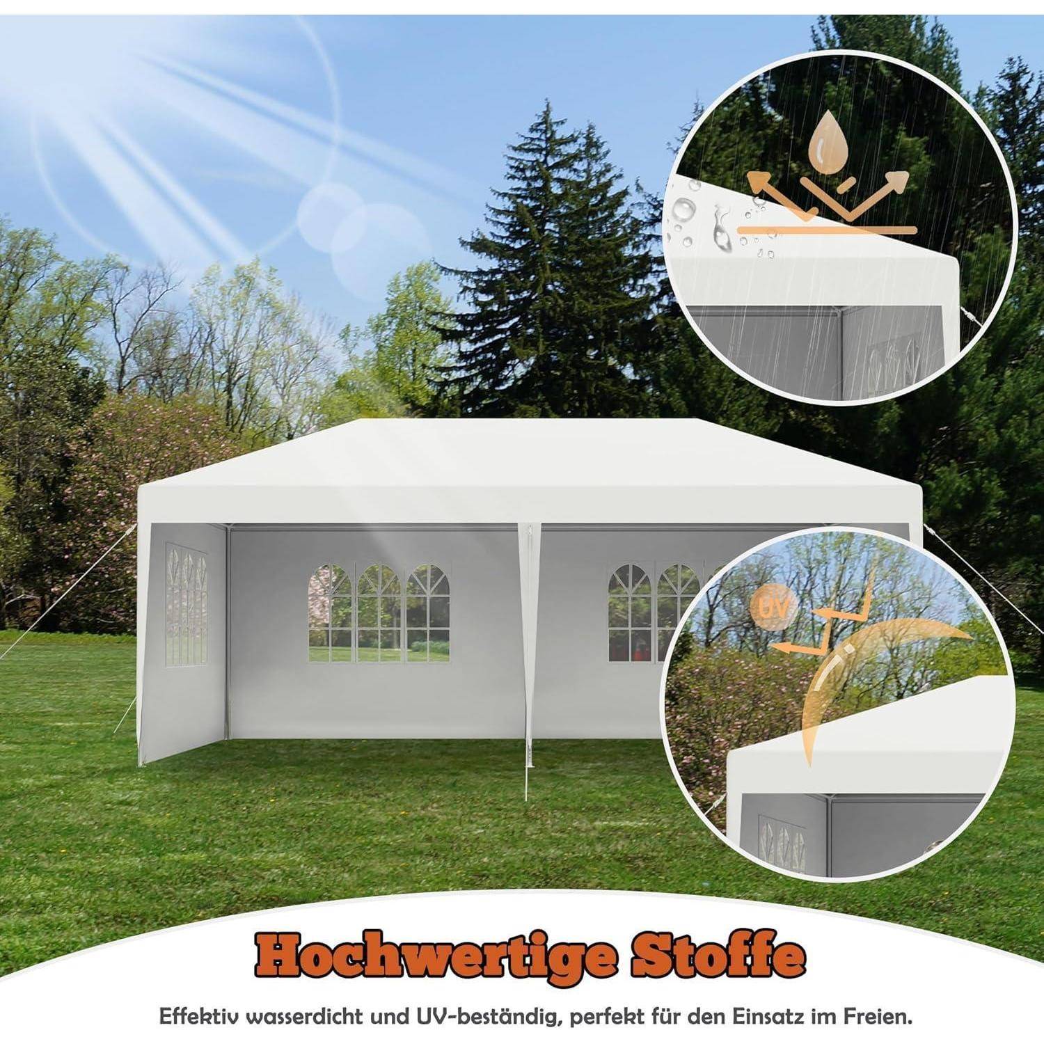 Outdoor weißes Partyzelt auf Gras mit eingearbeiteten Nahaufnahmen, die wasserfestes, UV-beständiges Gewebe zeigen; Text lautet „Hochwertige Stoffe" und „Effektiv wasserdicht und UV-beständig, perfekt für den Einsatz im Freien."