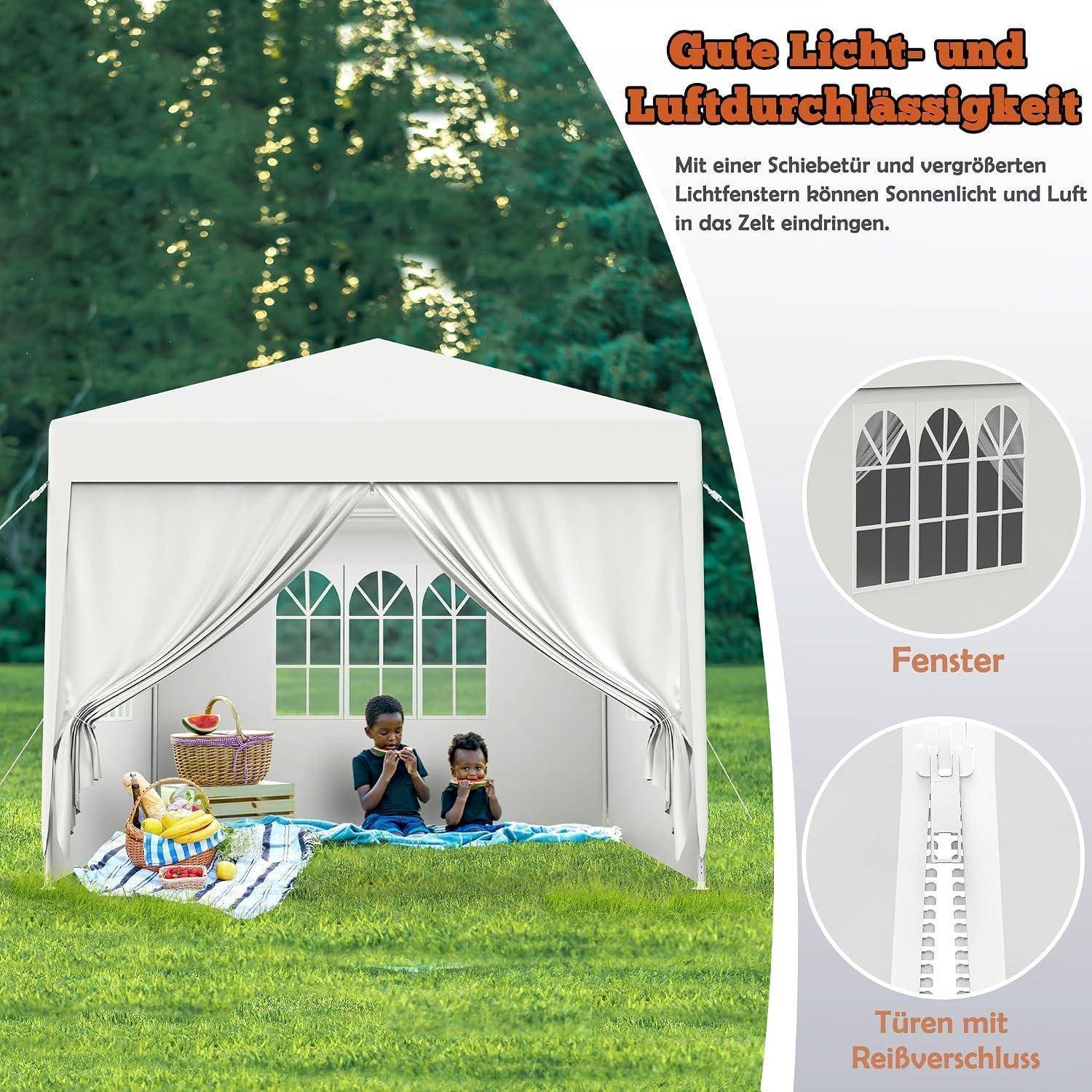 Kinder sitzen in einem weißen Gartenpavillon auf Gras. Der Text hebt gute Beleuchtung und Luftzirkulation hervor, mit Schiebetür, vergrößerten Fenstern und Reißverschlusstüren.