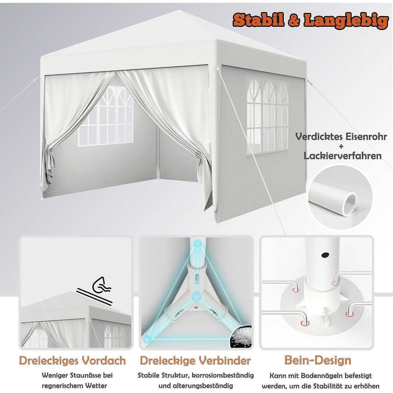 Weißes Pavillon-Zelt mit Vorhängen, gekennzeichnet mit „Stabil & Langlebig"; hebt verstärkten Stahlrahmen, pulverbeschichtete Oberfläche, dreieckigen Dachverbinder und Beindesign zur Entwässerung und Bodenbefestigung hervor.