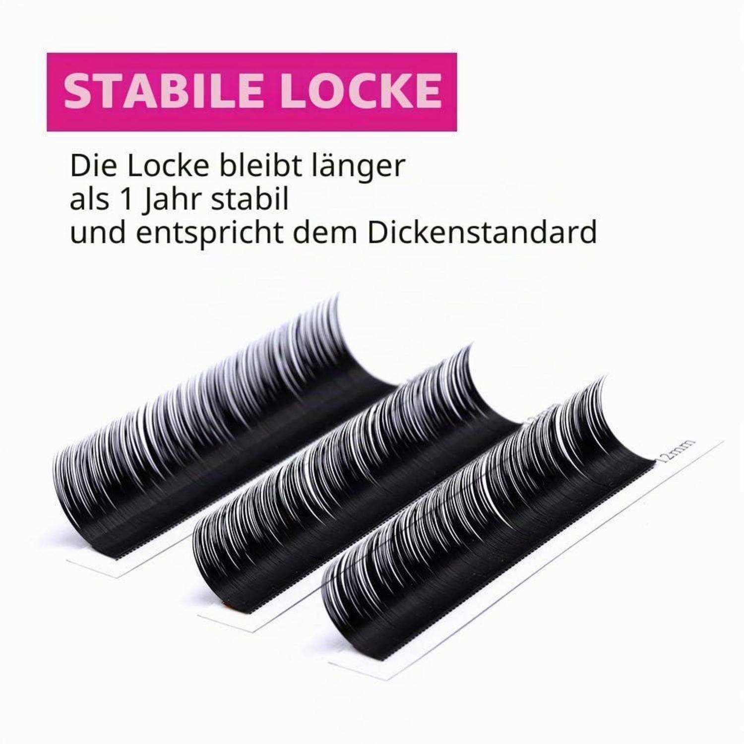 Anzeige mit drei glänzenden schwarzen Haarlocken und Text: 'STABILE LOCKE' und 'Die Locke bleibt länger als 1 Jahr stabil und entspricht dem Dickenstandard'.
