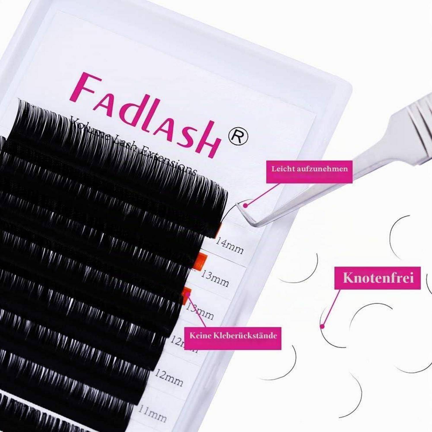 Nahaufnahme von FadLash-Wimpernverlängerungen auf einem Tablett, mit einer Pinzette, die ein Bündel anhebt, und Etiketten, die „Leicht aufzunehmen