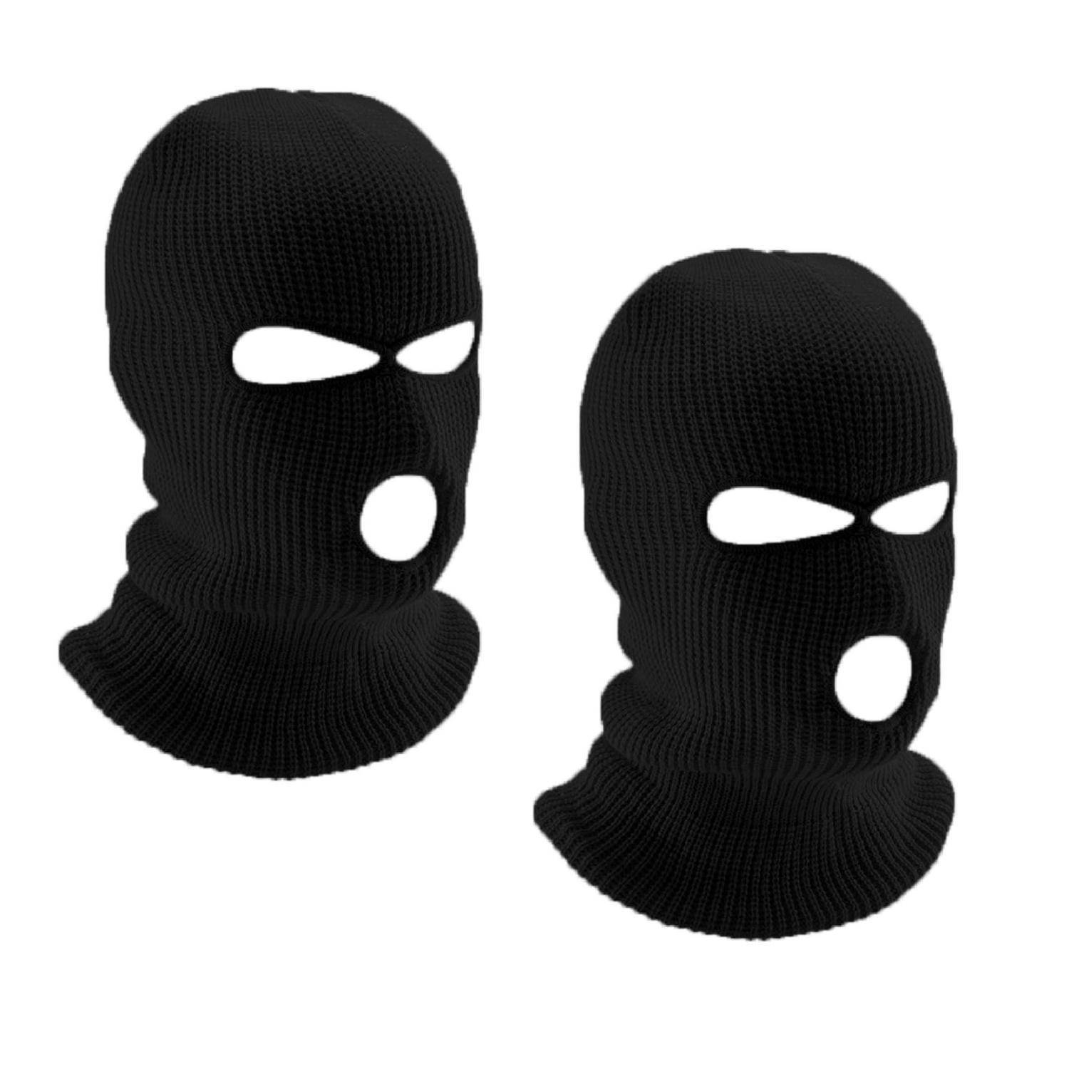 Zwei schwarze gestrickte Skimützen mit Augen- und Mundöffnungen, nebeneinander auf weißem Hintergrund gezeigt.