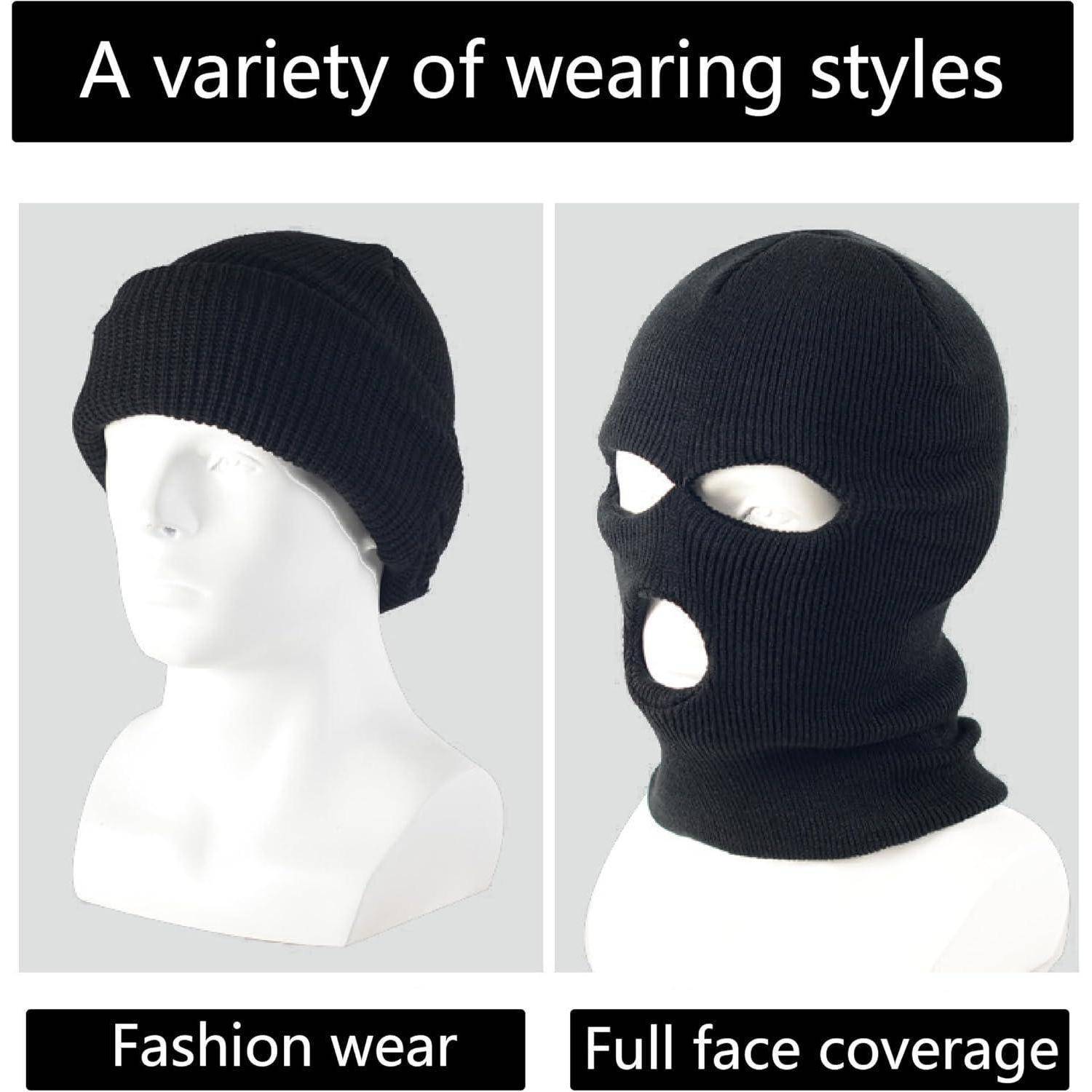 Bild zeigt eine schwarze Strickbalaklave, die auf zwei Arten getragen wird: als modische Beanie und als vollständige Gesichtsbedeckung mit Augen- und Mundöffnungen.
