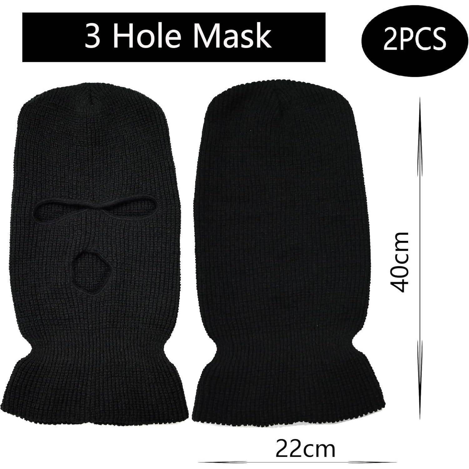 Schwarze 3-Loch-Skimütze, Vorder- und Rückseite gezeigt, verkauft als 2 Stück, 40 cm hoch und 22 cm breit.