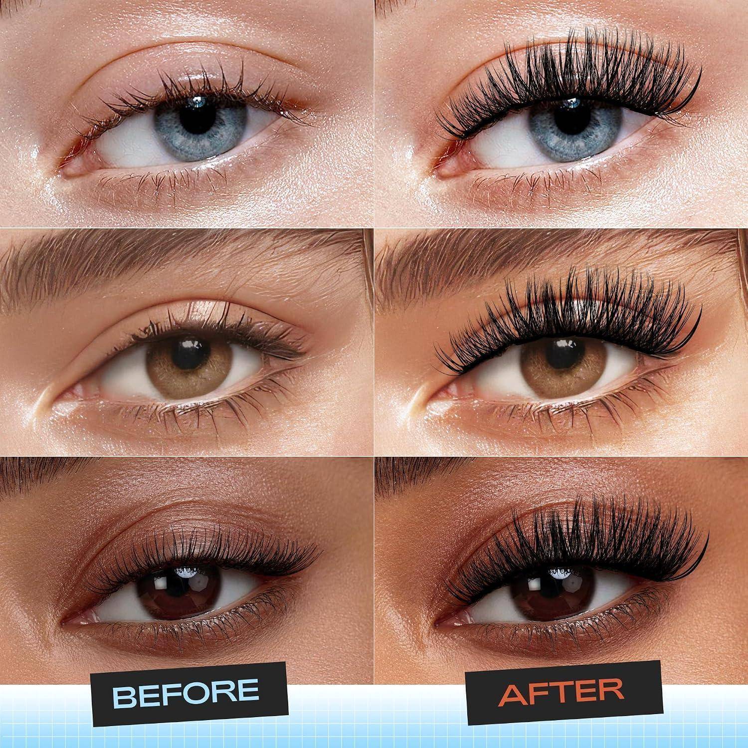 Vorher-und-Nachher-Nahaufnahmen von Augen, die Mascara- und künstliche Wimpernverstärkung zeigen, mit beschrifteten „VORHER