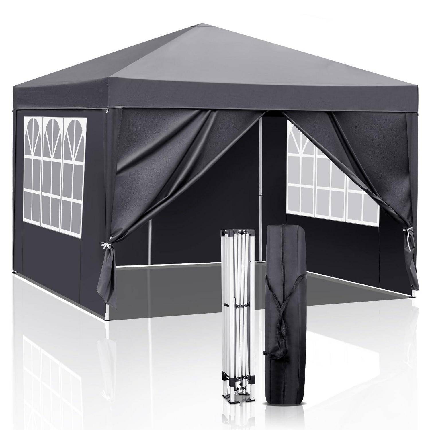 Schwarzes Popup-Pavillon-Zelt mit Seitengardinen und Tragetasche, teilweise montiert auf weißem Hintergrund dargestellt.