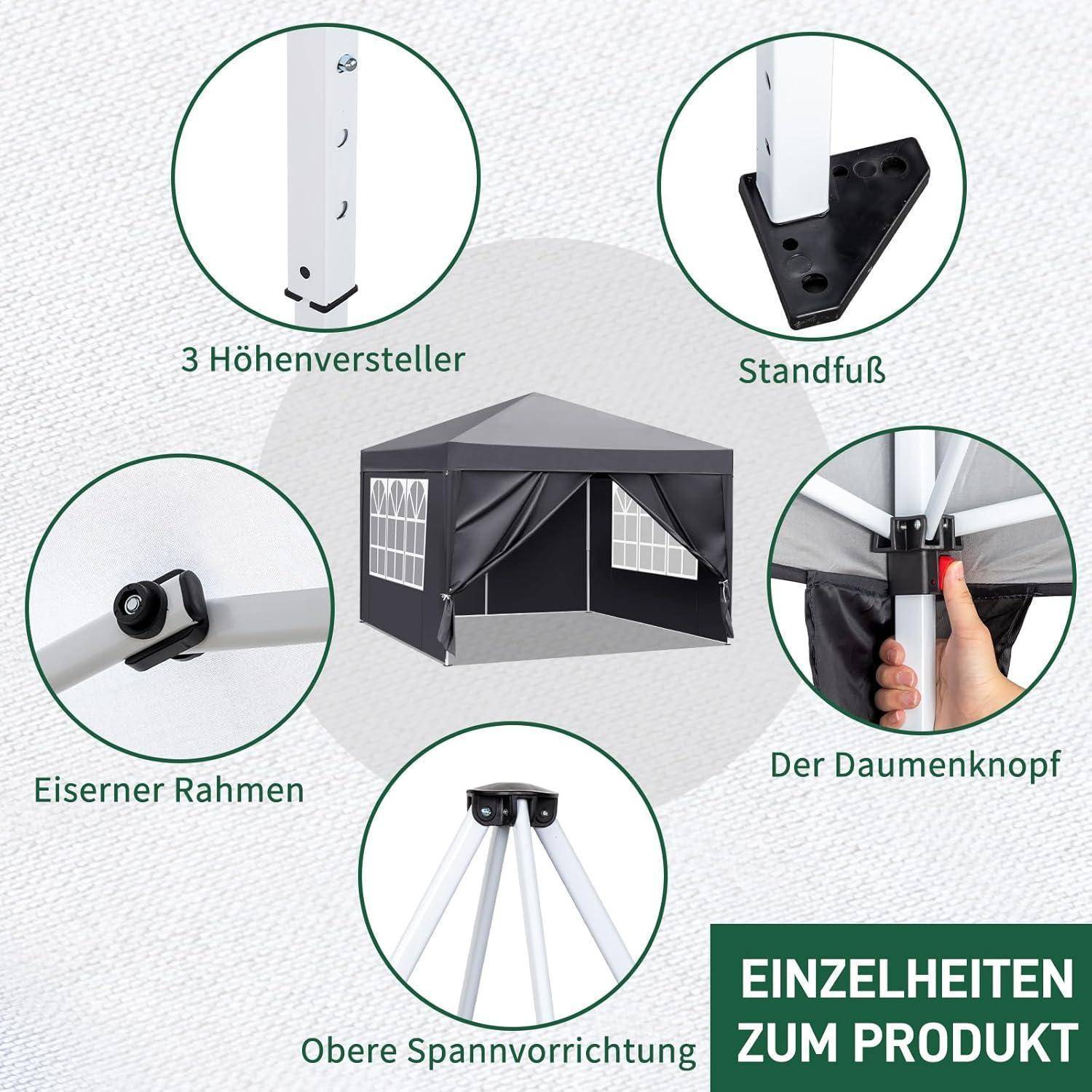 Pavillon 3x3 m,Faltpavillon,Wasserdicht Stabil Winterfest UV Schutz 50+,420D Oxford,Faltbar Höhenverstellbar,Partyzelt,Gartenzelt,Für Garten Camping