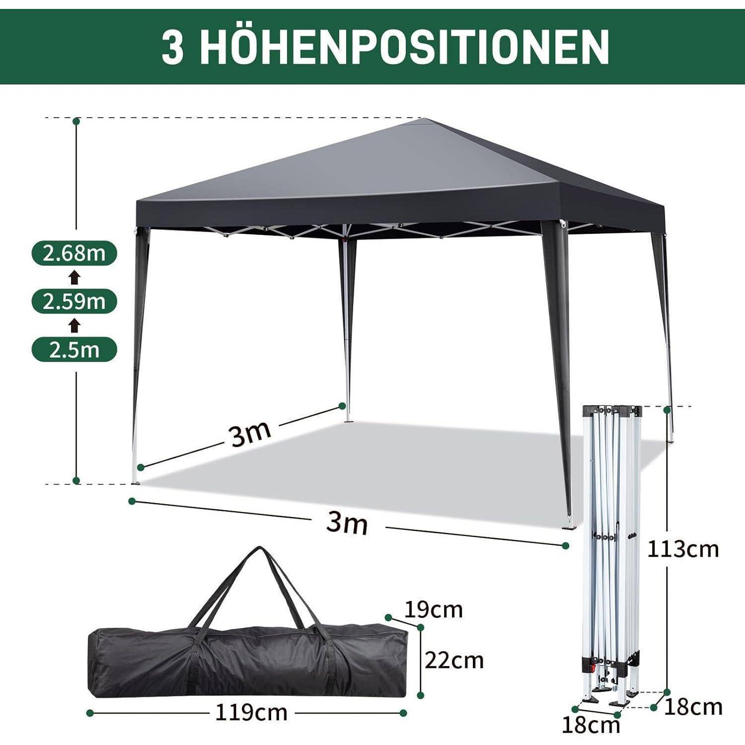 Diagramm eines Pop-up-Baldachindelts mit '3 HÖHENPOSITIONEN' und Abmessungen: 3 m x 3 m, Höhe 2,5 m bis 2,68 m; Tragetasche 119 cm lang.