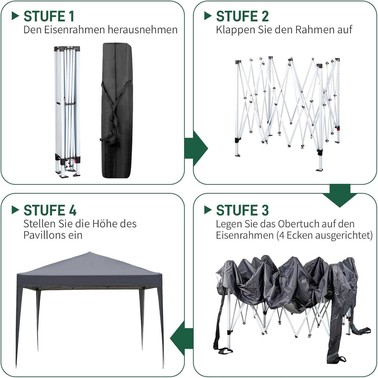 Vier-Schritt-Anleitung zum Aufbauen eines Pop-Up-Pavillonzelts: Gestell entnehmen, Gestell ausklappen, Baldachin auf dem Gestell anbringen, Höhe einstellen.