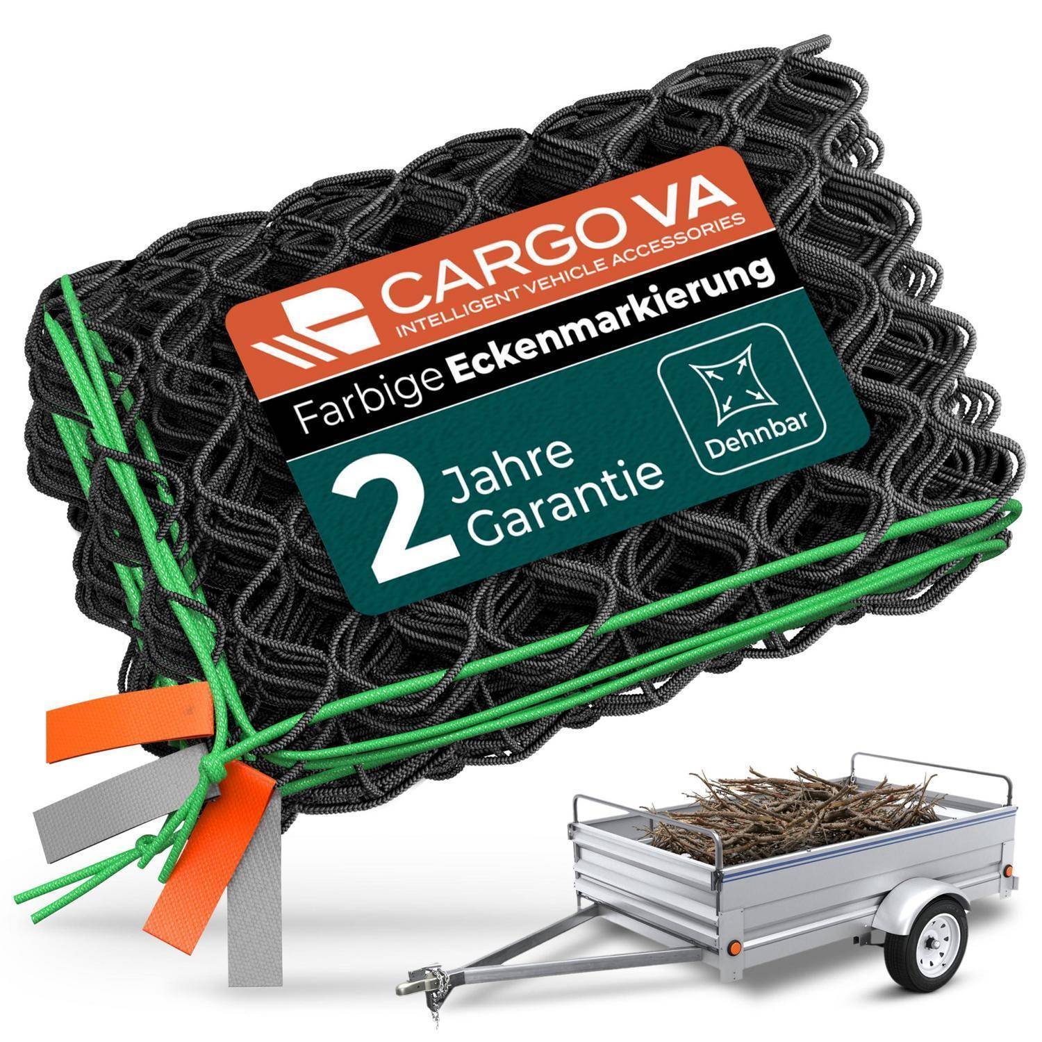 Stapel aus schwarzem elastischem Ladungsnetz mit grünen Eckenmarkierungen und Etikett mit der Aufschrift „CARGOVA