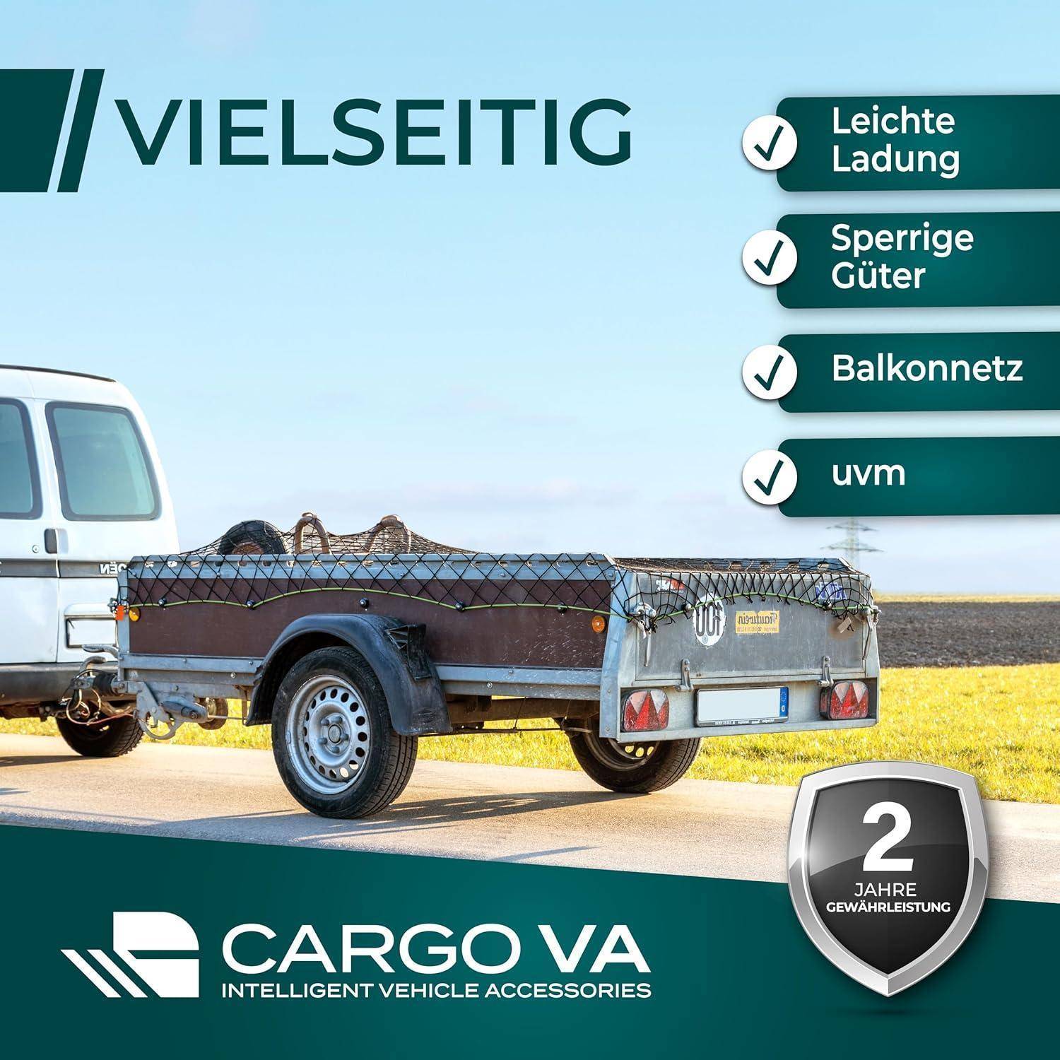 CargoVA® Intelligentes Anhängernetz dehnbar 1,5x2,2 bis 2,5x3,5 M - elastisches Hängernetz schwarz mit Gummiseil und Eckenmarkierung - für die per