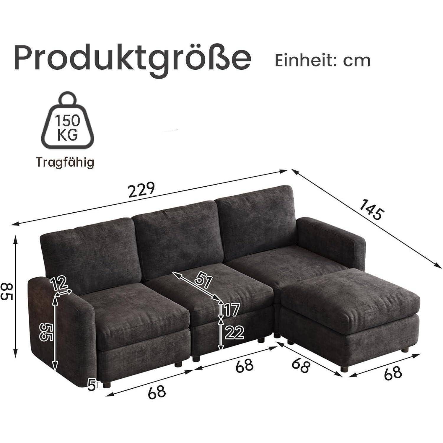 Diagramm einer dunkelgrauen Eckgarnitur mit Abmessungen in cm: 229 breit, 145 tief, 85 hoch; Tragfähigkeit 150 kg.