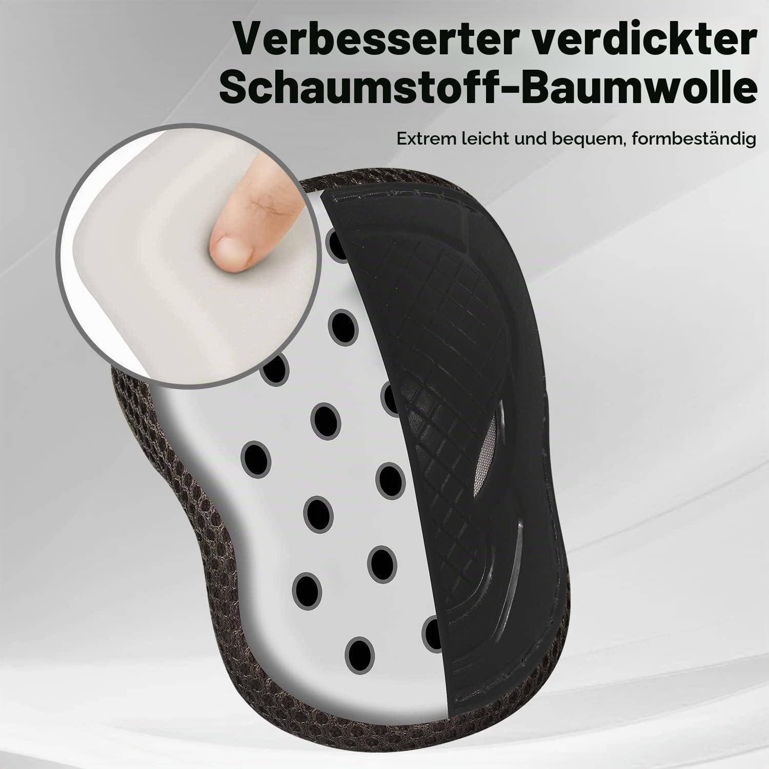 Produktpromo zeigt ein gekrümmtes Schaumstoffpolster in Schwarz-Weiß mit Belüftungslöchern und einer Nahaufnahme eines Fingers, der auf die weiche Polsterung drückt; deutscher Text sagt „Verbesserter verdickter Schaumstoff-Baumwollstoff