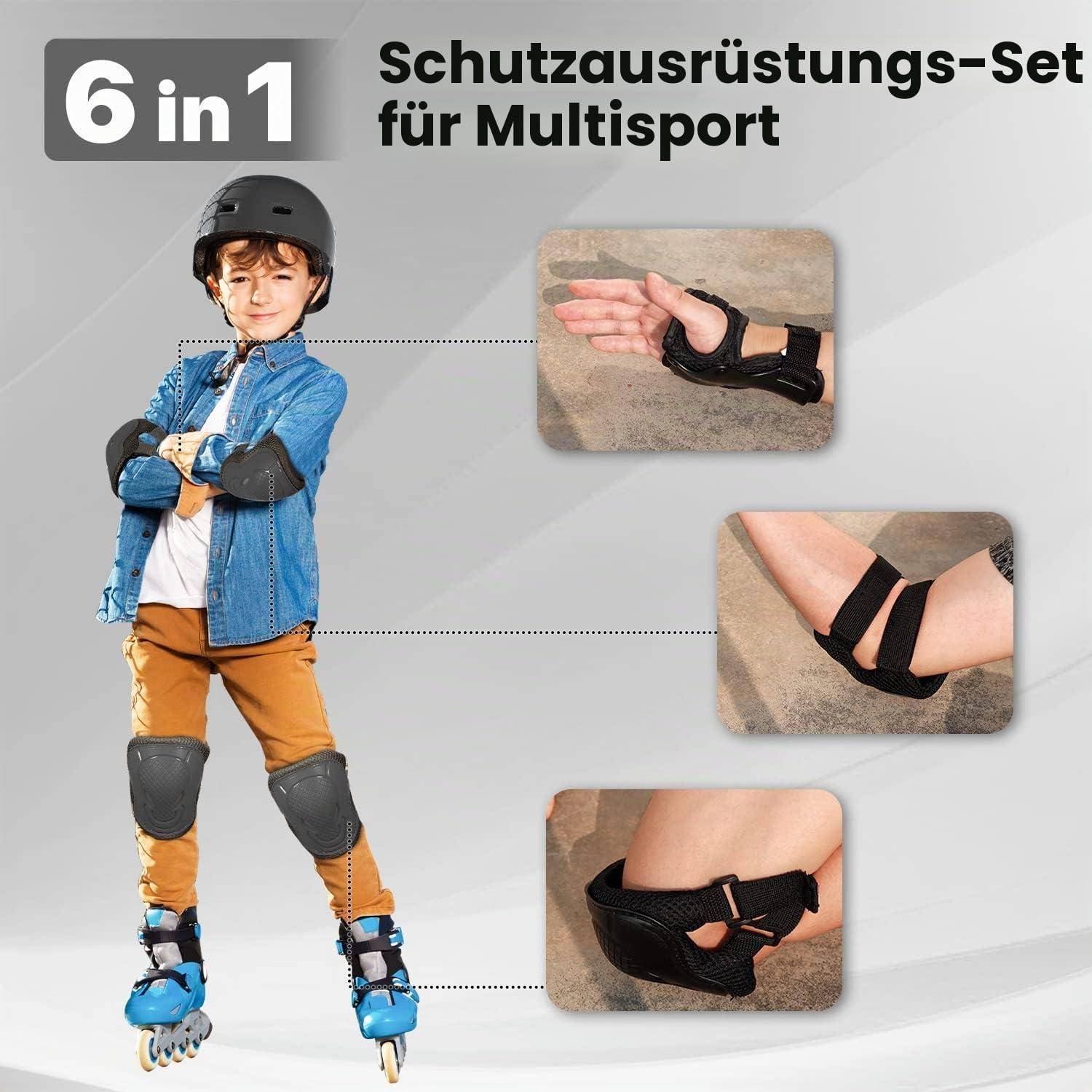 Werbebild eines Kindes, das ein 6-in-1-Multisport-Schutzausrüstungsset trägt, bestehend aus Helm, Ellbogenschützern, Knieschützern, Handgelenkstützern und Knöchelstützungen.