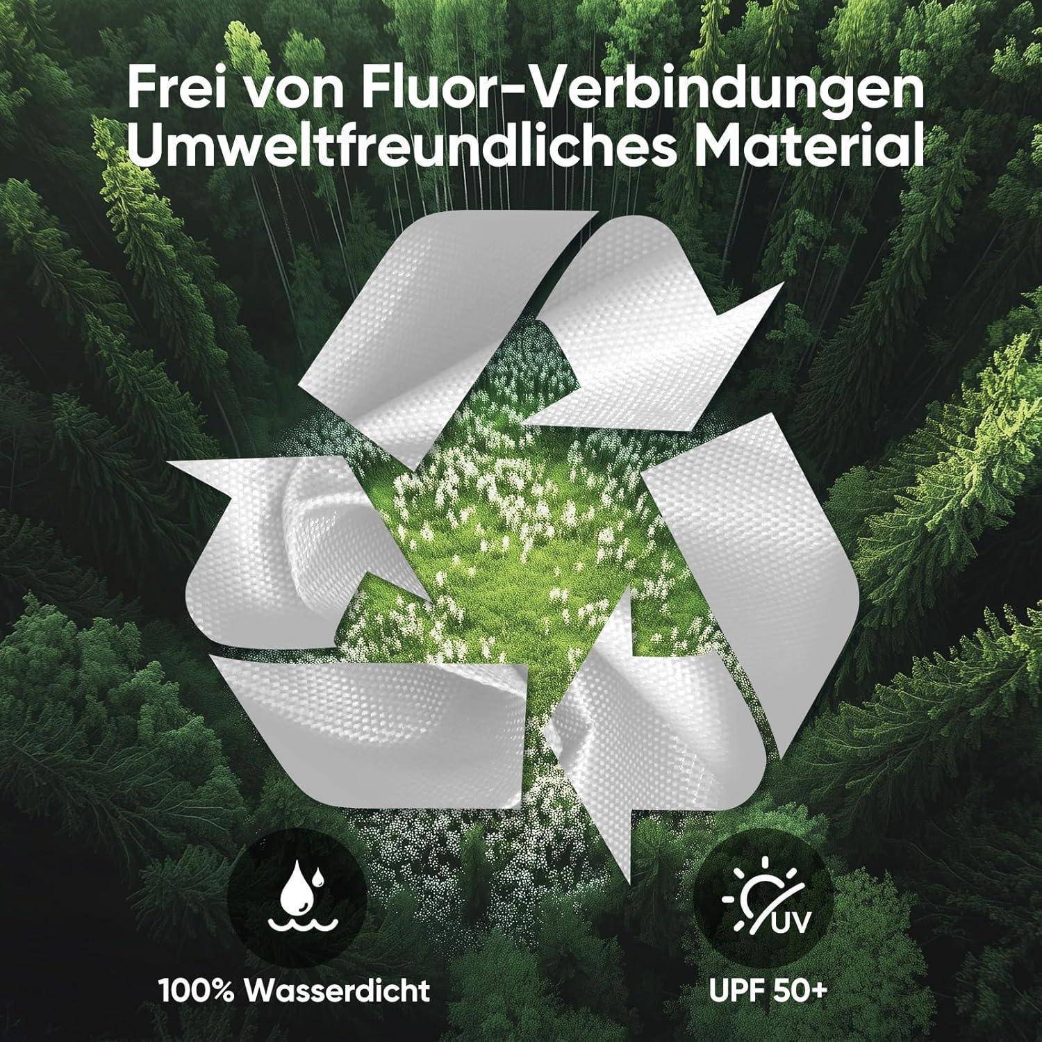 Recycling-Symbol über einem Wald mit deutschem Text „Frei von Fluor-Verbindungen" und „Umweltfreundliches Material""; Symbole vermerken 100 % wasserdicht und UPF 50+.