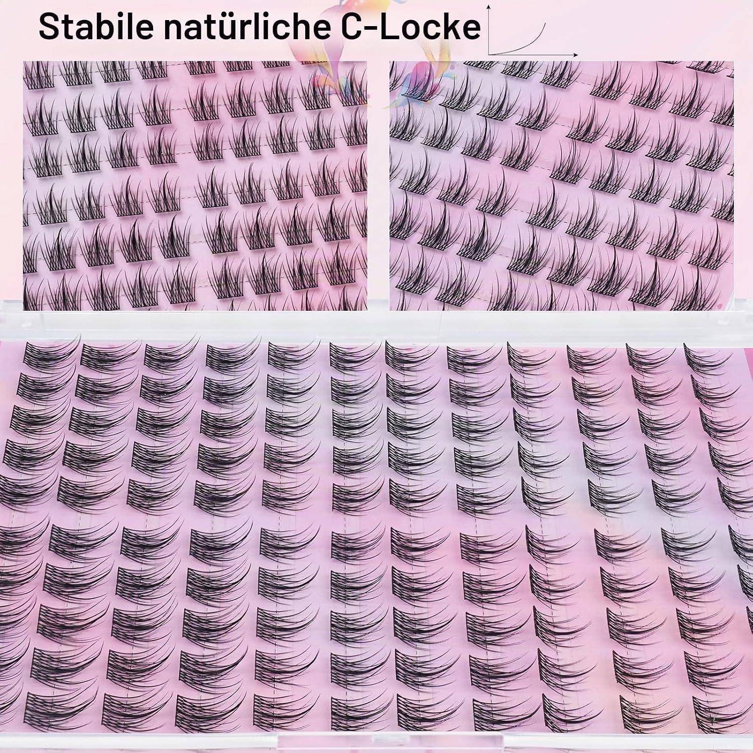 Drei Nahaufnahmen zeigen Wimpernverlängerungen, die eine stabile natürliche C-Locke auf rosa Haut bilden; der Text lautet „Stabile natürliche C-Locke