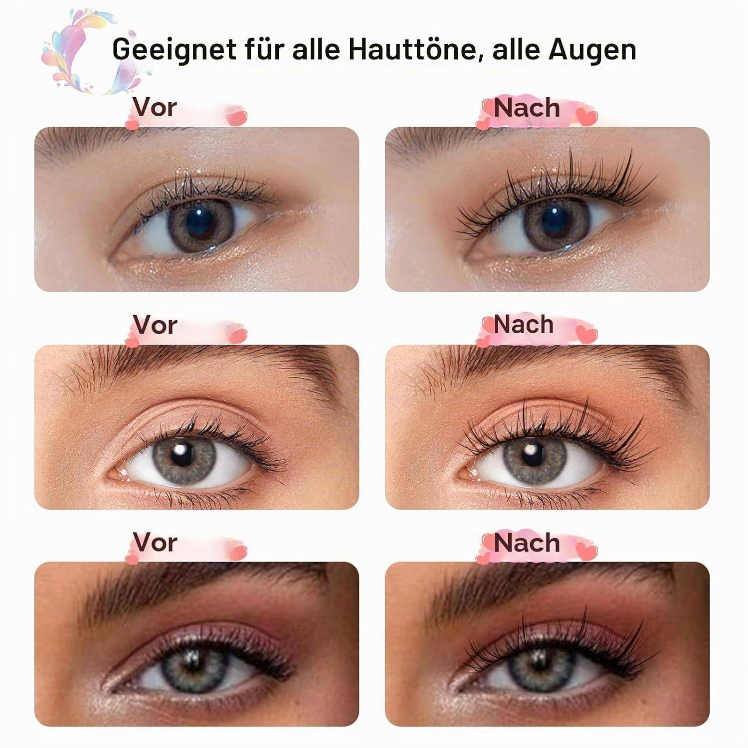 Deutsches Vorher-Nachher-Beauty-Collage mit drei Augen-Nahaufnahmen mit der Beschriftung „Vor