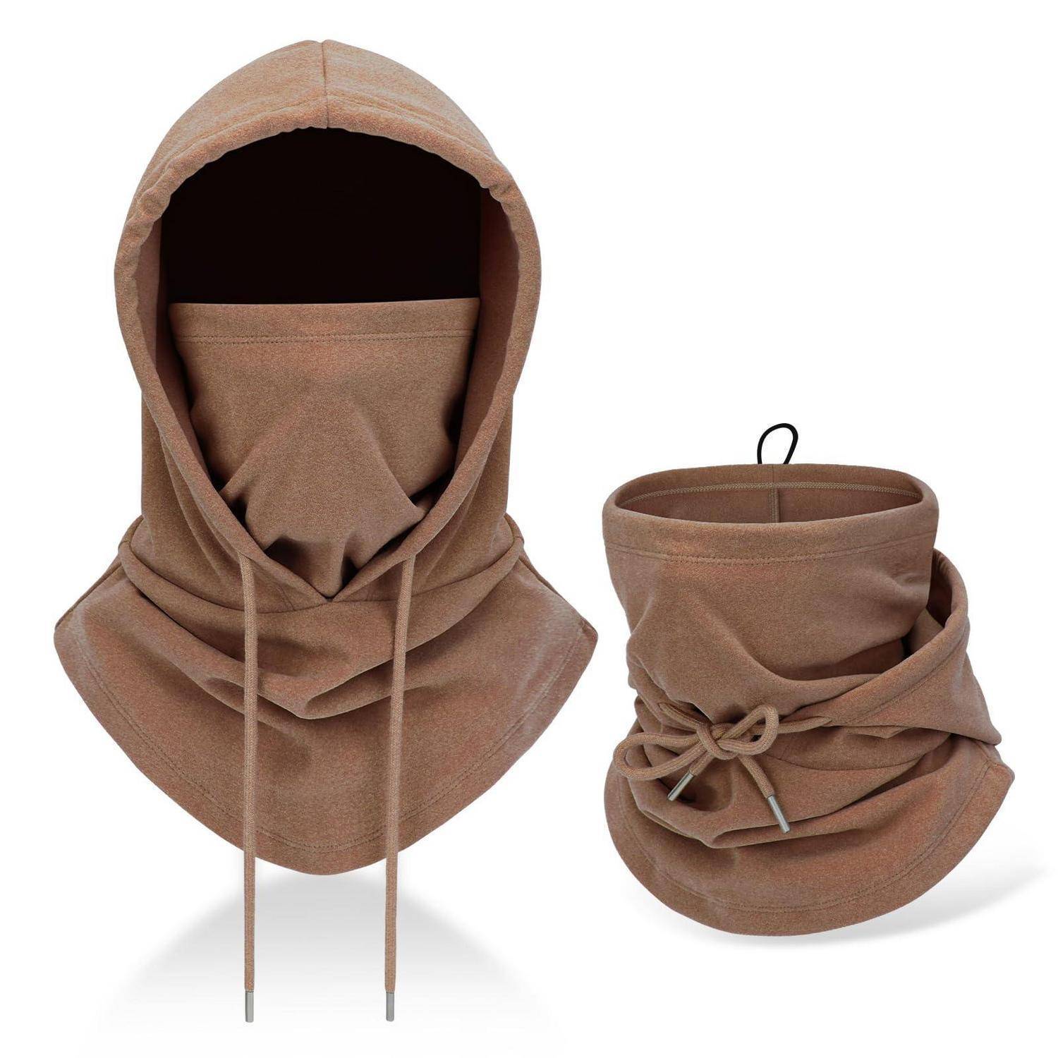 Braune Gesichtsbedeckung mit Kapuze und passendem Nacken-Gaiter mit Zugbändern, von vorne und von der Seite auf weißem Hintergrund gezeigt.