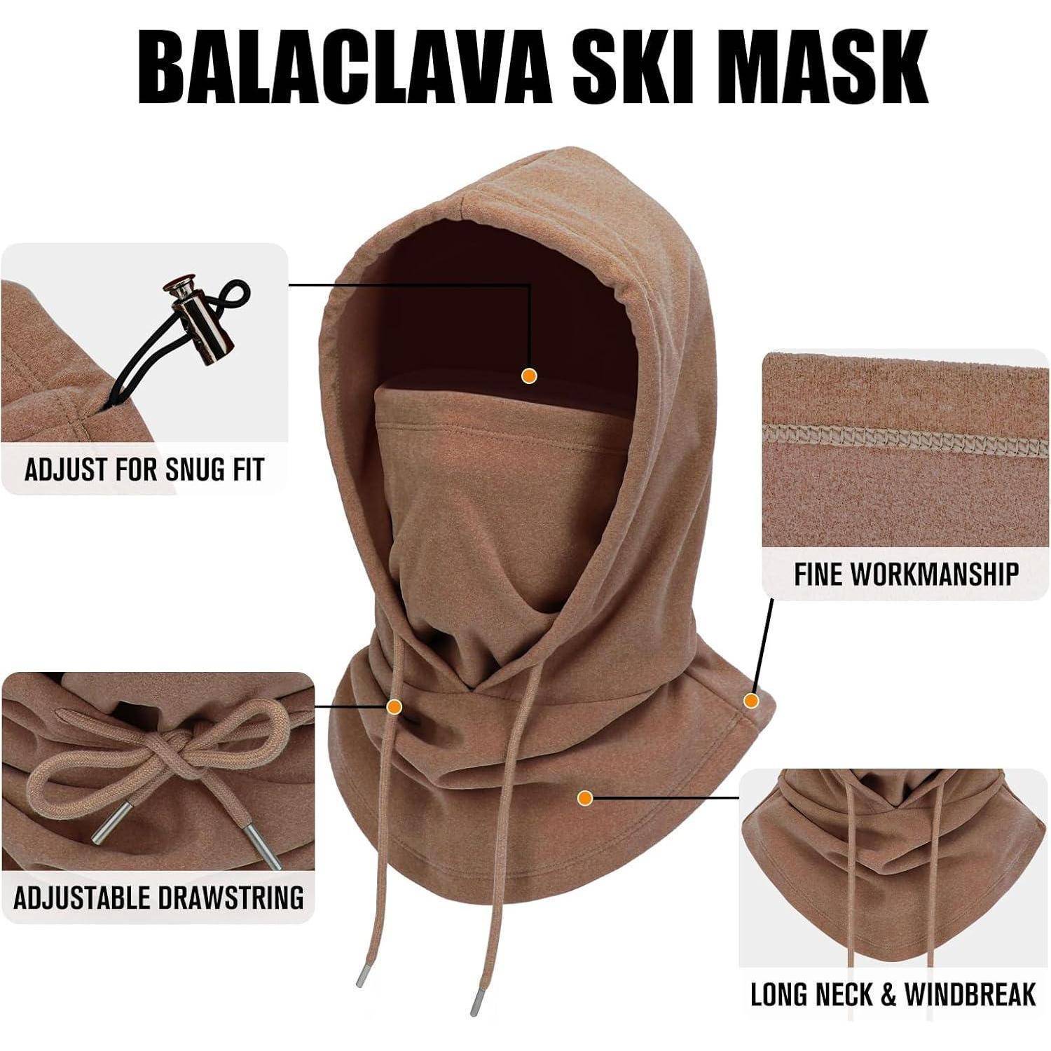 Produktbild einer braunen Skimaske mit Balaclava und Kapuze, Kordelzug und Gesichtsbedeckung, gekennzeichnet mit Funktionen: „Anpassung für optimale Passform", „verstellbarer Kordelzug"", „feine Verarbeitung"" und „langer Hals & Windschutz"".