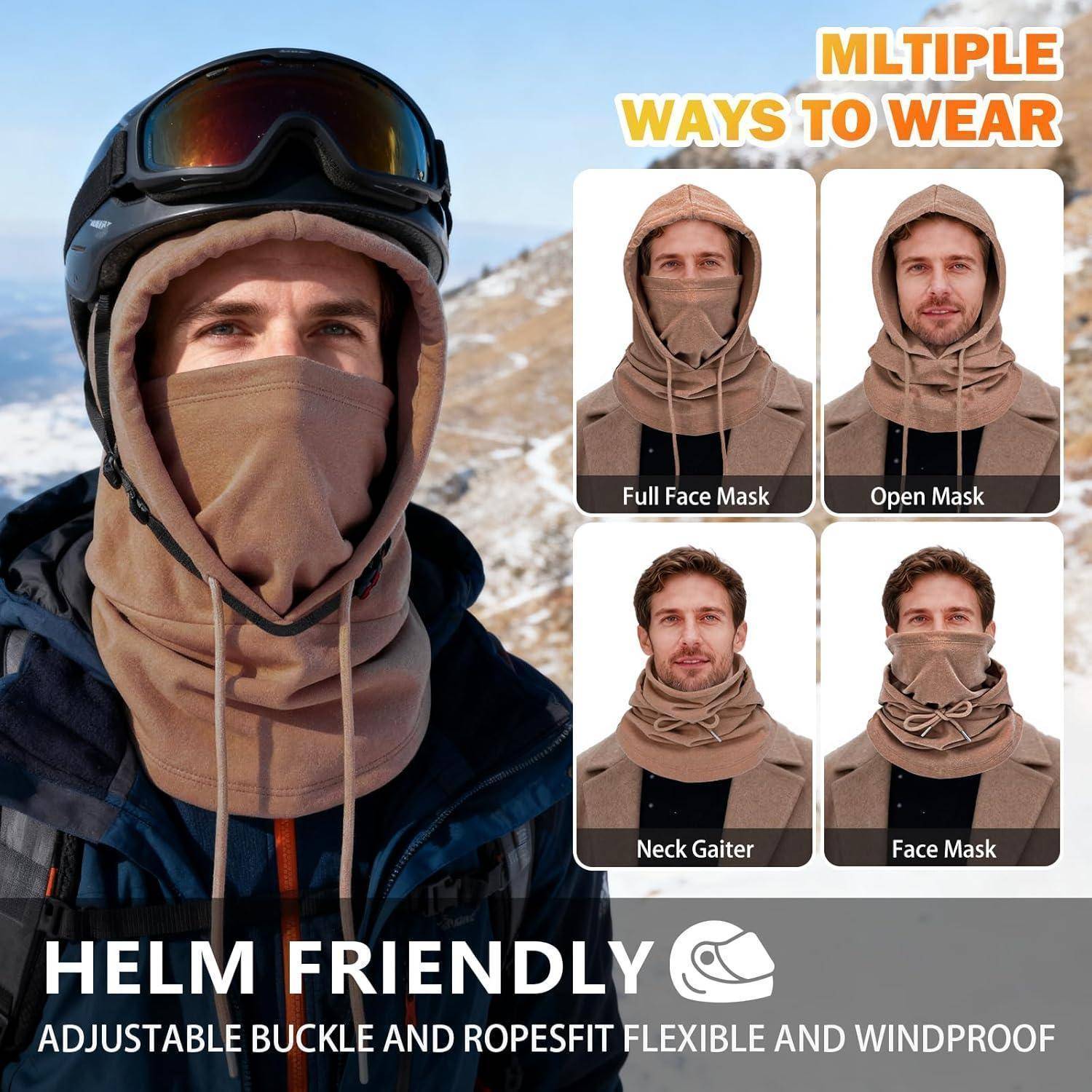 Person in helmet und Schutzbrille, die eine braune Fleece-Gesichtsabdeckung trägt; Inset zeigt mehrere Möglichkeiten, sie zu tragen: vollständige Gesichtsmaske, offene Maske, Nacken-Gaiter und Gesichtsmaske.