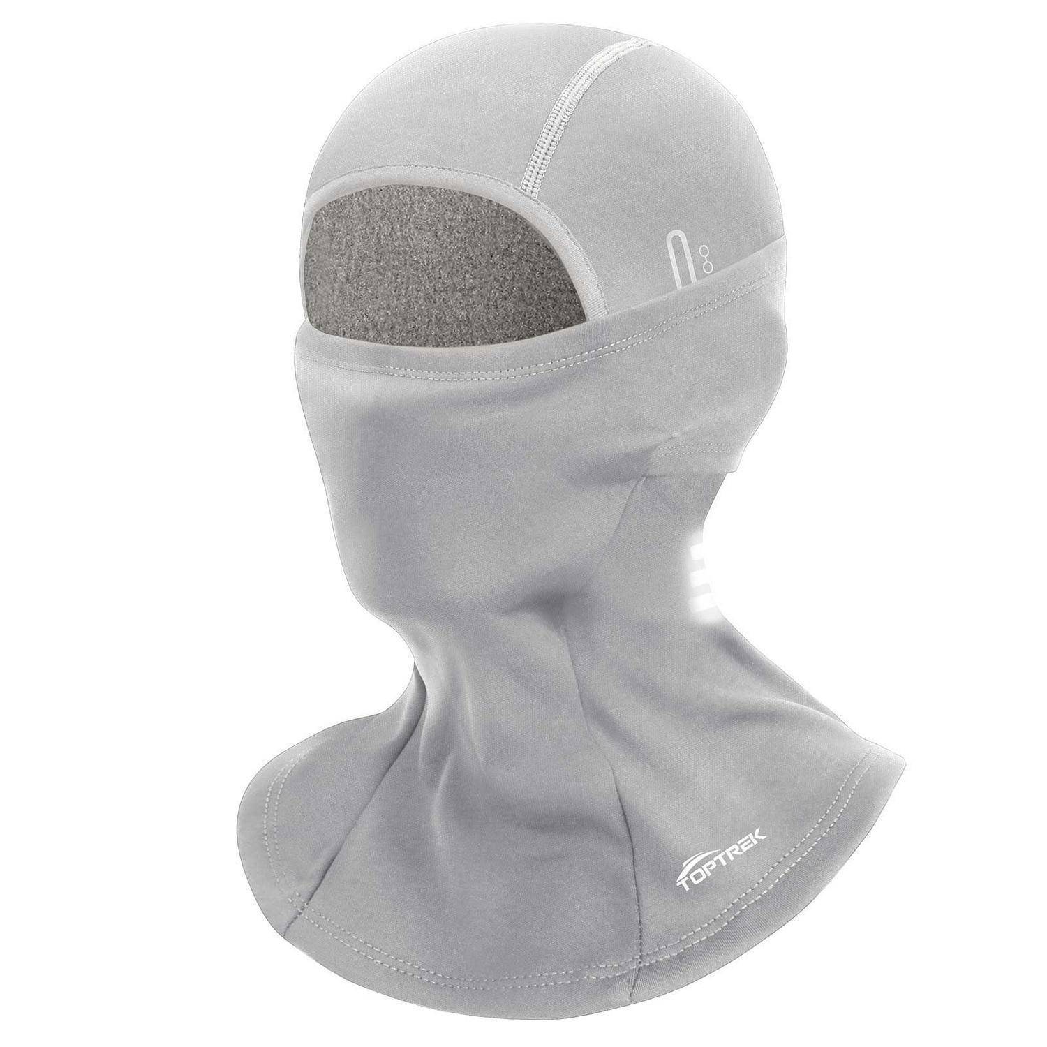 Graue Gesichtsmaske im Balaclava-Stil mit vollständiger Kopf- und Halsabdeckung, ausgestattet mit einem Mesh-Sichtfenster und dem Logo „Tornex
