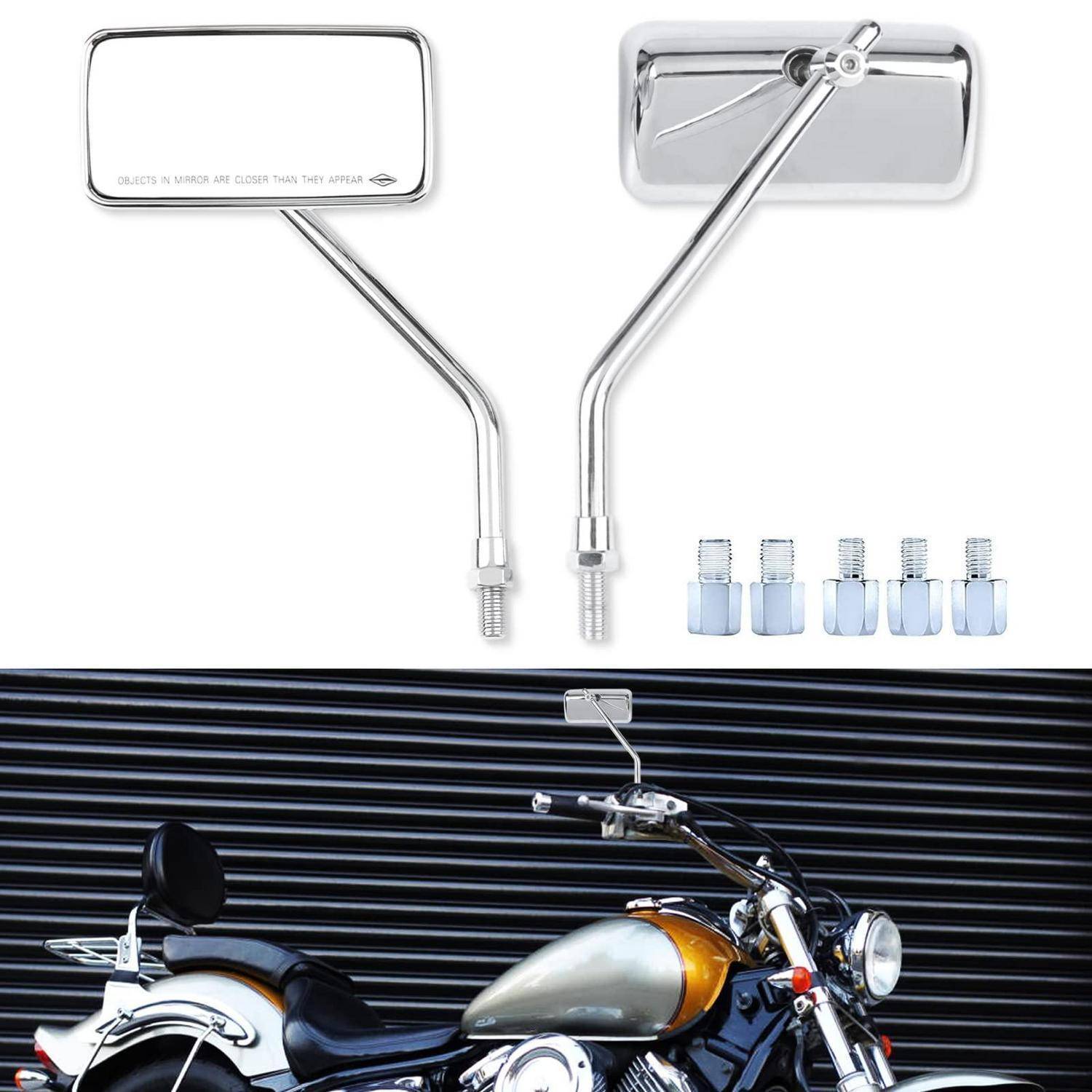 Zwei verchromte Motorradersatzspiegel, die oben über einem montierten silbernen und schwarzen Motorrad gezeigt werden, mit fünf Adapterfittings, die daneben angezeigt werden.