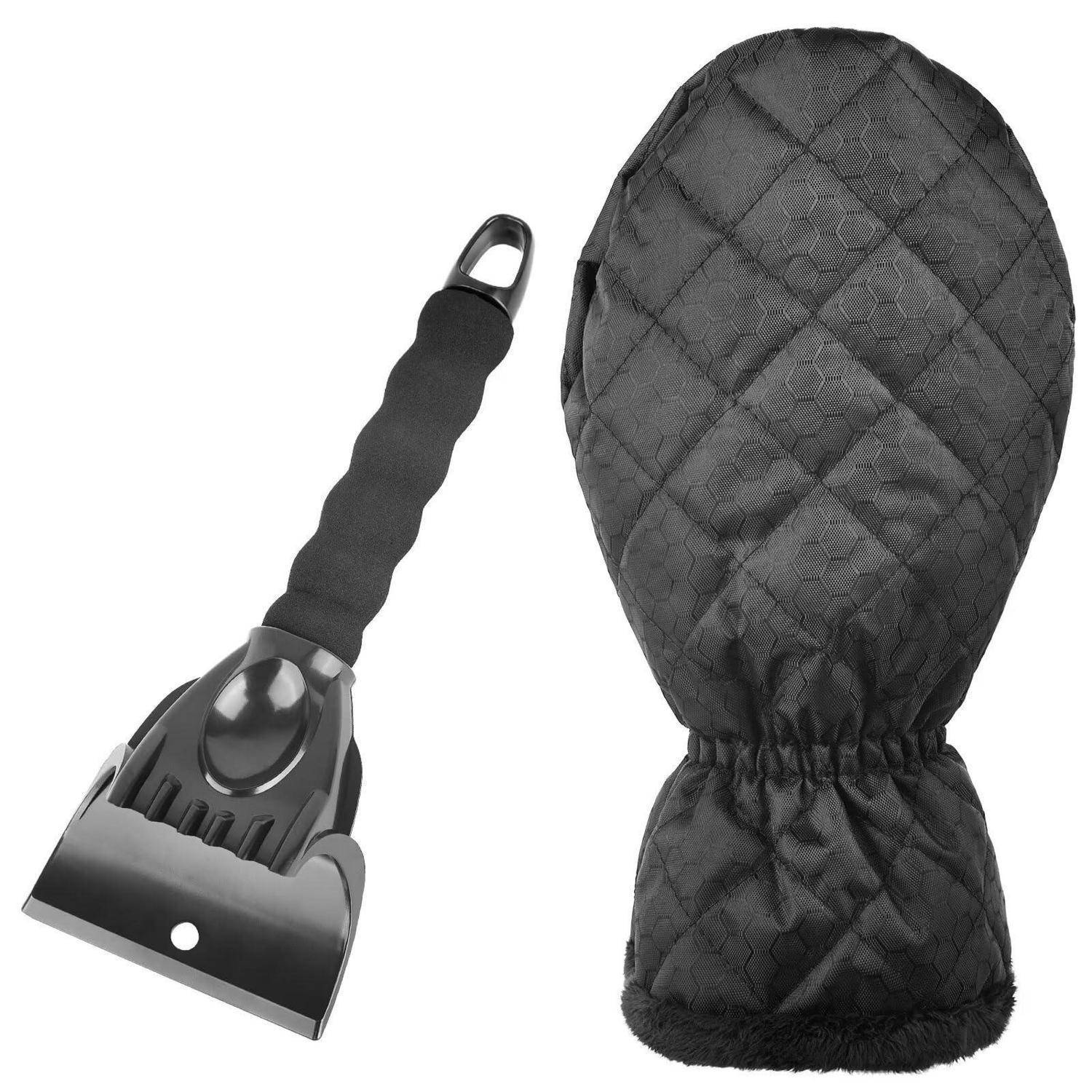 Eiskratzer in Schwarz mit Schaumstoffgriff und schützender gesteppter Handschuhkappe auf weißem Hintergrund.