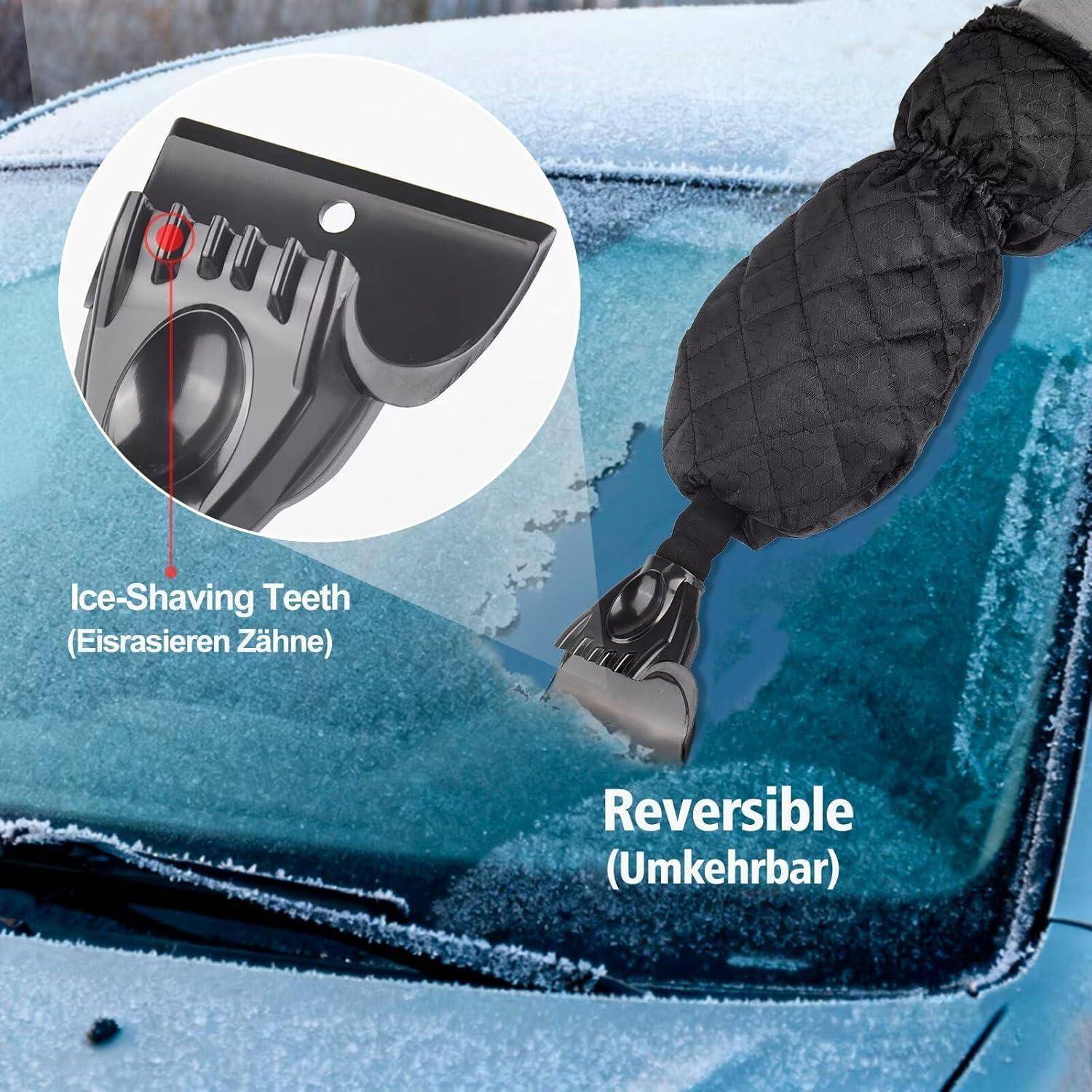Eiskratzer mit umkehrbarer Klinge und Eishobel-Zähnen, die Reif von einem Autofenster entfernen.
