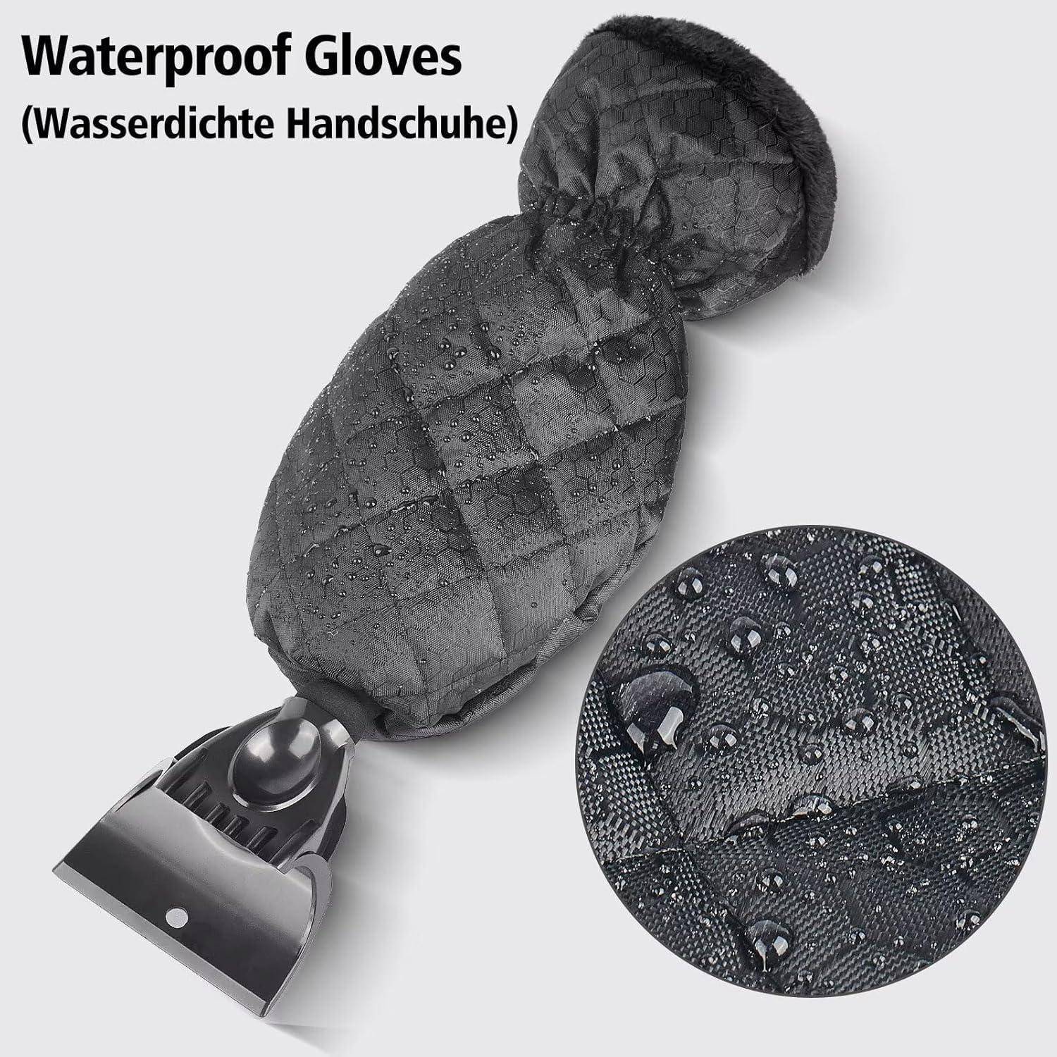 Wasserdichte Handschuhe mit einer Metallschaberansatz; die Einsatzaufnahme zeigt eine Nahaufnahme von Wassertropfen auf dem Stoff.