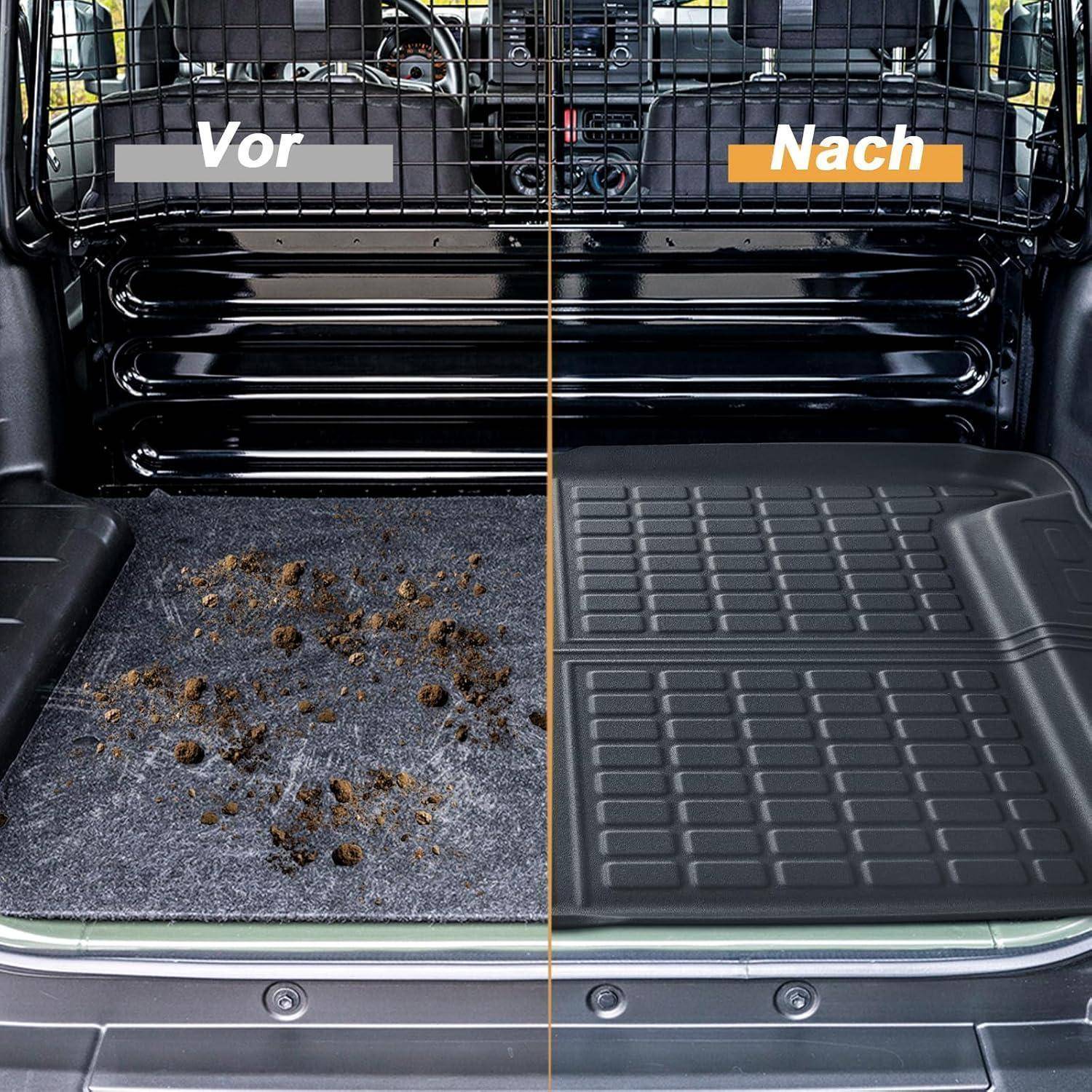 Split-View-Autokofferraumboden vor und nach der Reinigung: links schmutziger Teppich mit der Beschriftung „Vor", rechts passende Gummimatte mit der Beschriftung „Nach"".