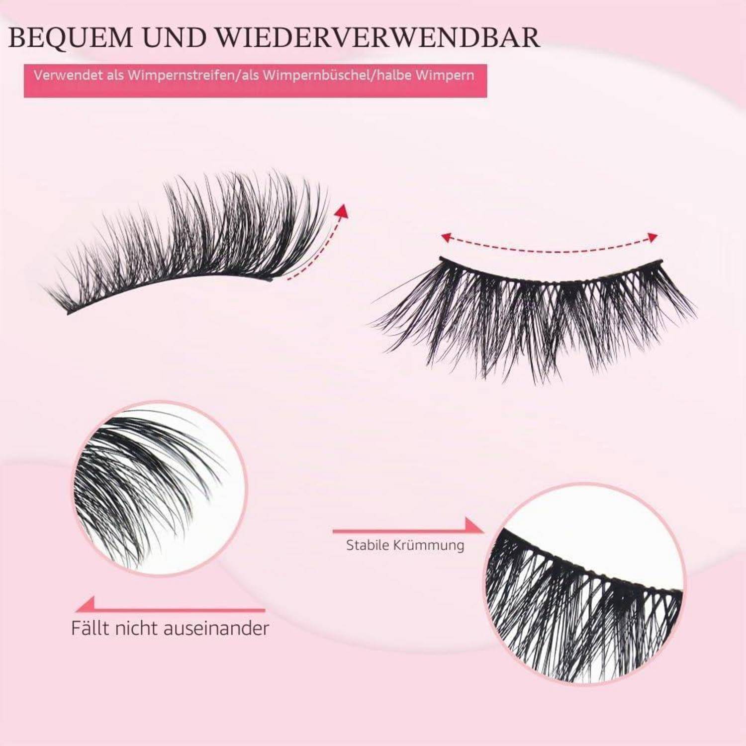 Rosa Infografik mit wiederverwendbaren künstlichen Wimpern: gekennzeichnet als verwendbar für Wimpernstreifen, Cluster oder halbe Wimpern, mit Pfeilen, die stabilen Schwung und Wimpern hervorheben, die sich nicht trennen.