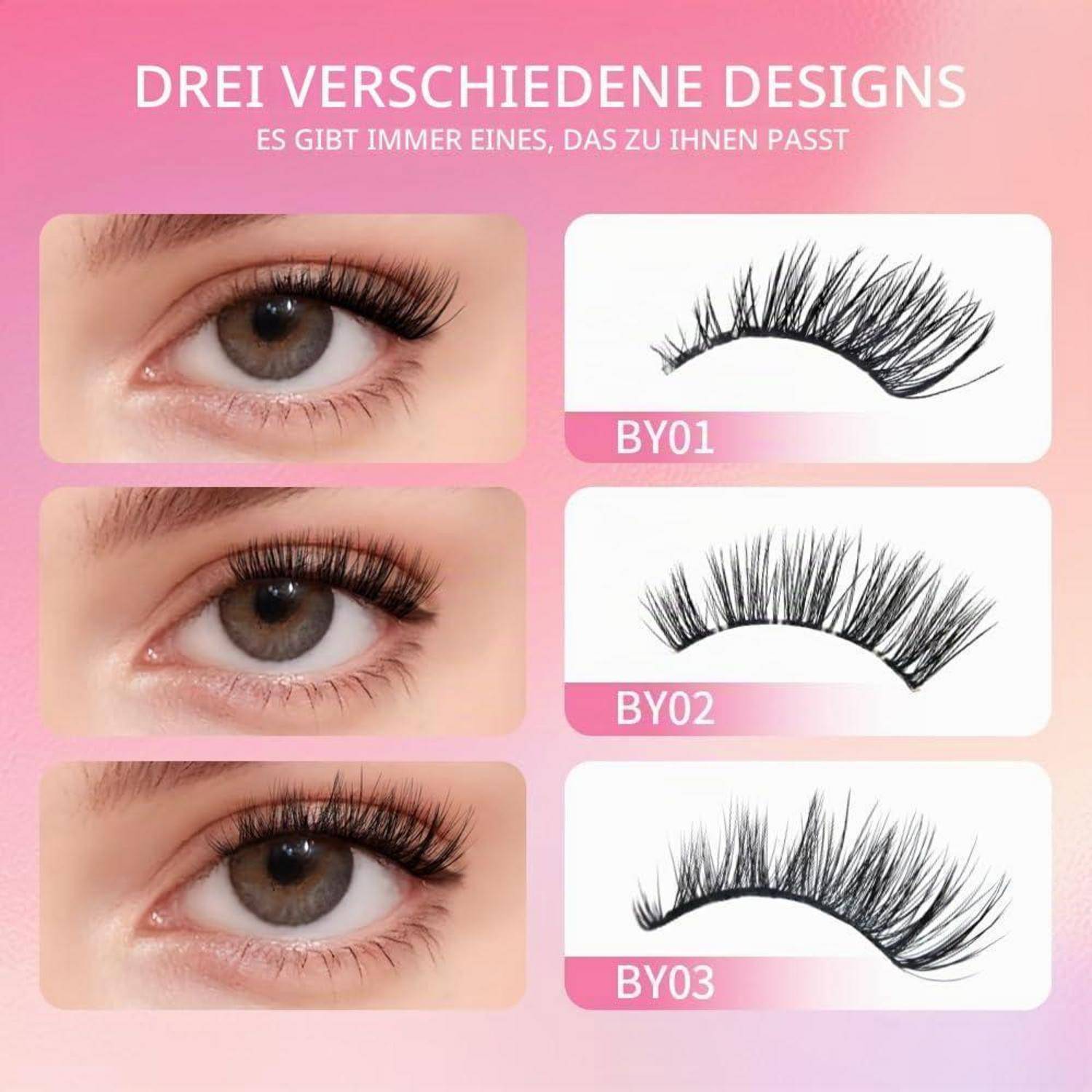Deutsches Wimpern-Angebot mit drei Wimperndesigns, BY01, BY02 und BY03, jeweils kombiniert mit einem Nahaufnahmefoto des Auges zum Vergleichen der Stile.