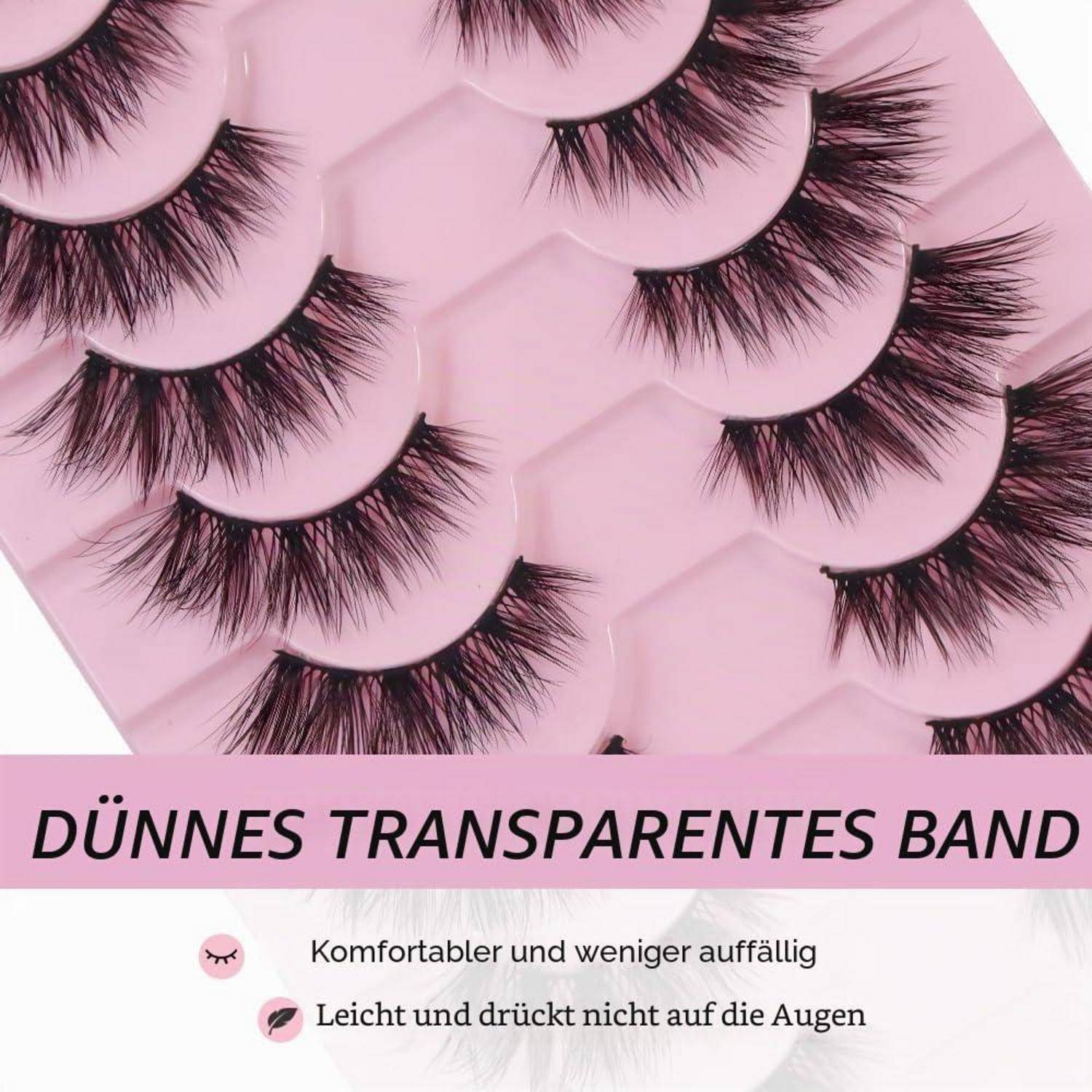 Rosa Verpackung von künstlichen Wimpern mit dem deutschen Text „DÜNNES TRANSPARENTES BAND