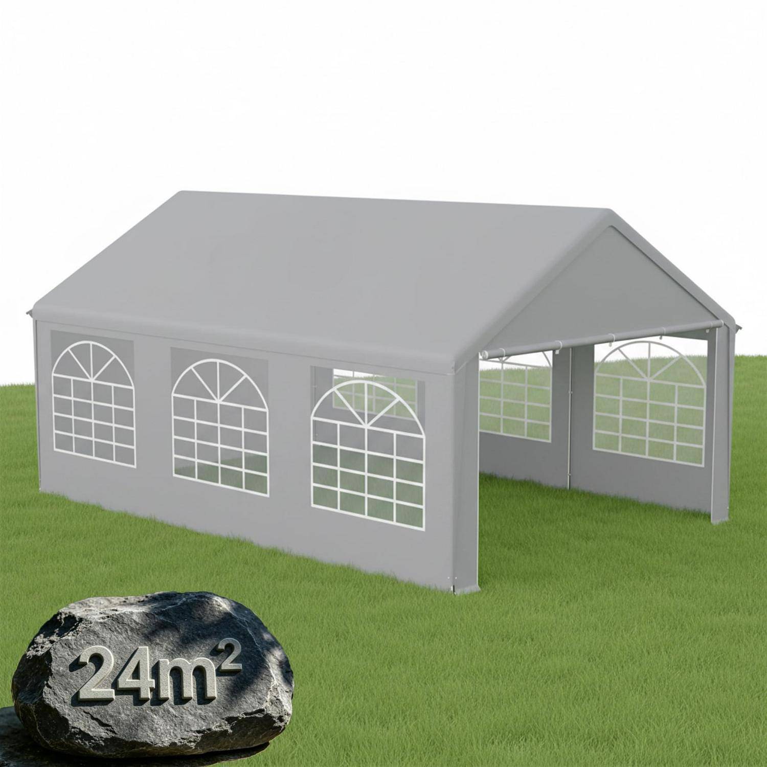 Graues Outdoor-Zelt mit gewölbten Fensterfeldern, auf Gras dargestellt, mit der Bezeichnung „24m²