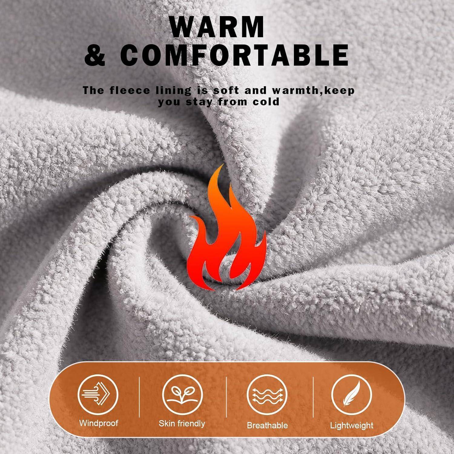 Weiches graues Fleece-Gewebe mit einem Flammen-Symbol und Text, der „WARM & KOMFORTABEL