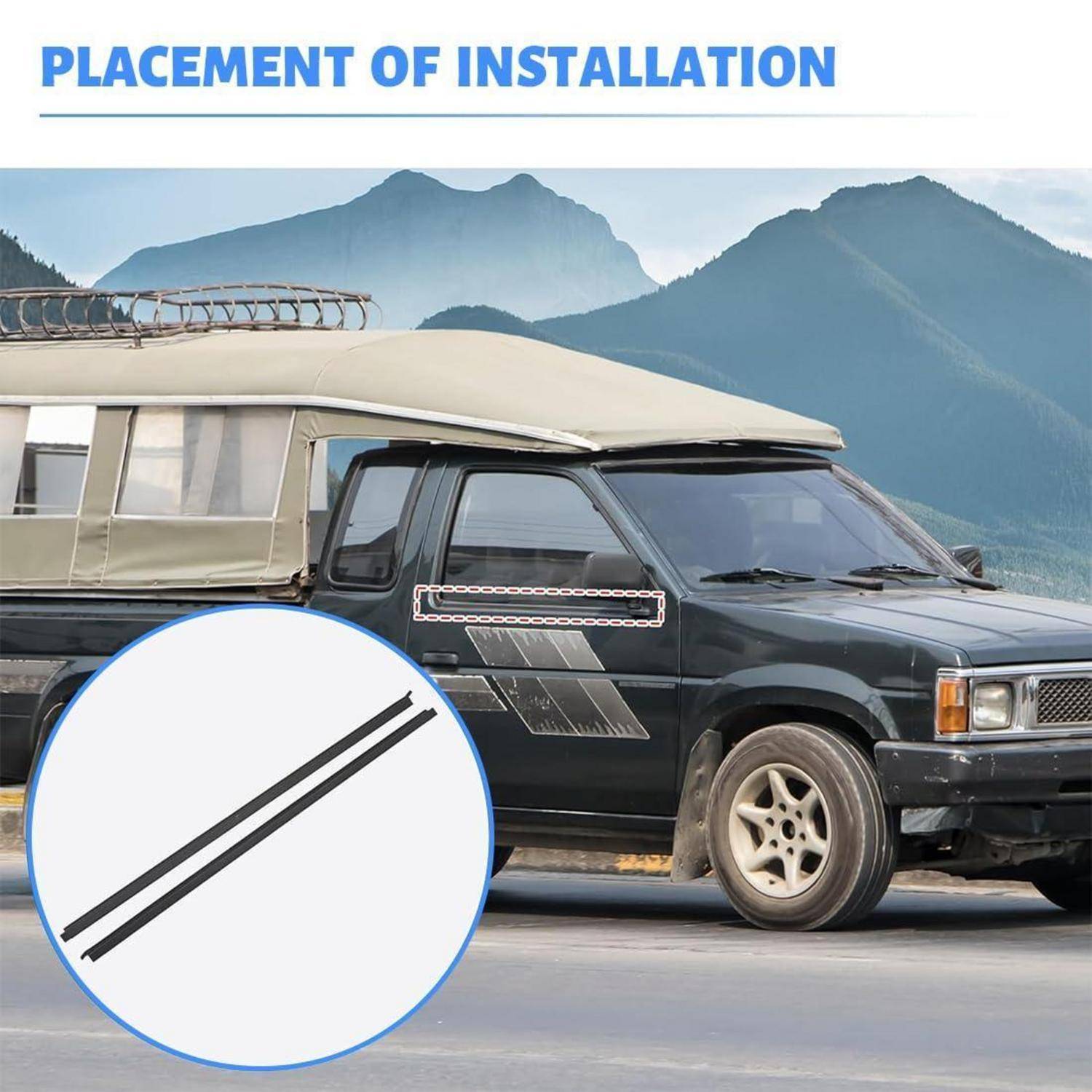 Lastwagen-Seitengrafik, die den Installationsbereich hervorgehoben auf der Tür und dem Fenster zeigt, mit einer kreisförmigen Vergrößerung, die das Design des Dekal-Streifens veranschaulicht.