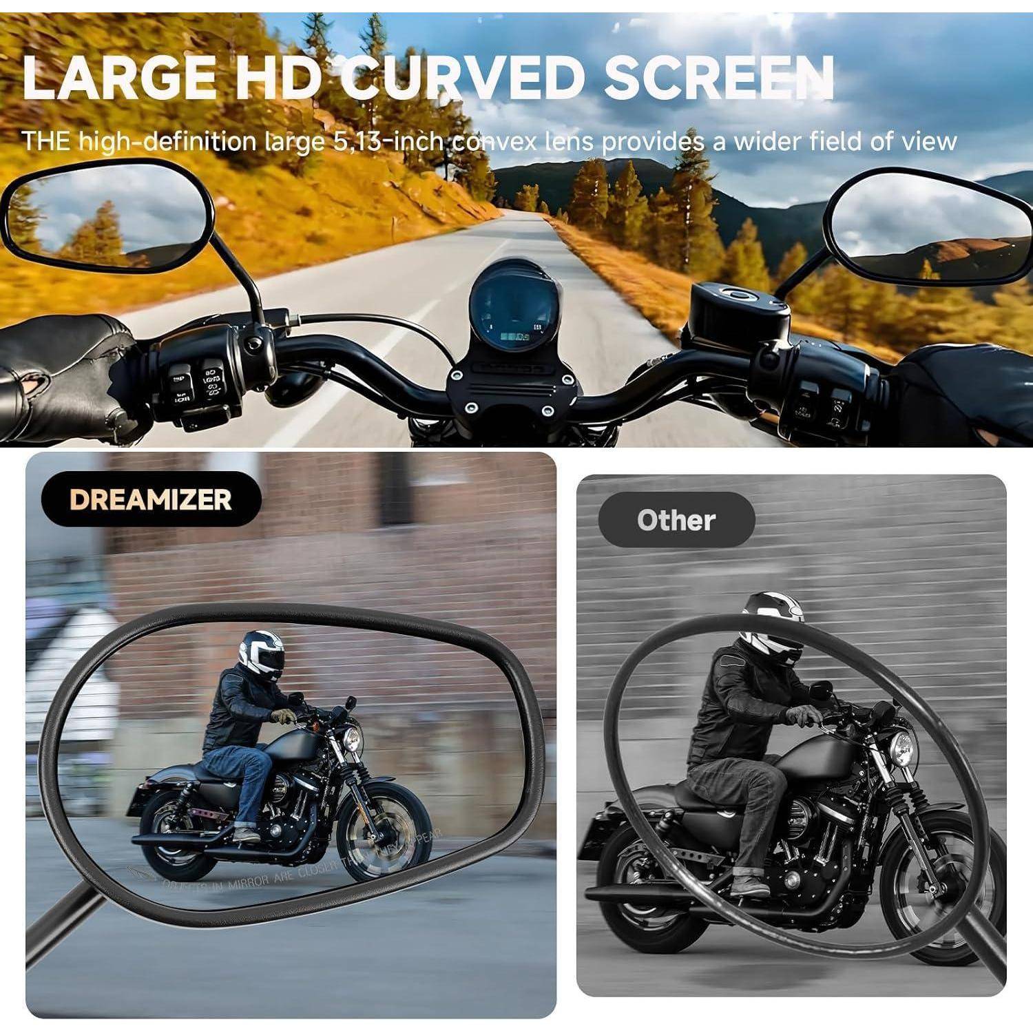 Motorrad-Spiegel- und Armaturenbrett-Anzeige mit großem HD-Curved-Screen mit erweitertem Sichtfeld, verglichen mit Standard-Spiegel und unscharfen Fahrerrreflexionen.