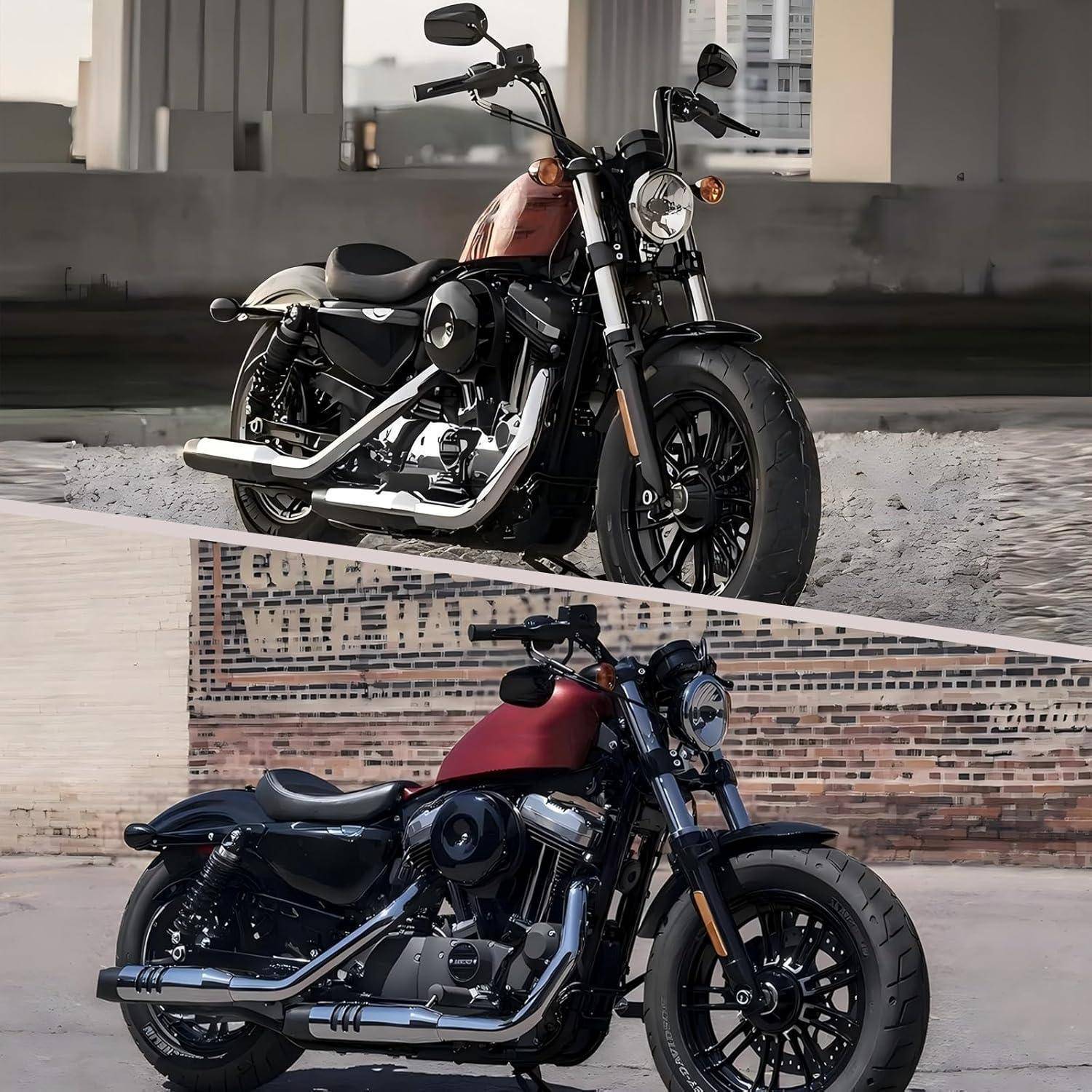 Zwei Harley-Davidson-ähnliche Cruiser-Motorräder, eines dunkelrot und eines schwarz, in Außenumgebungen dargestellt.