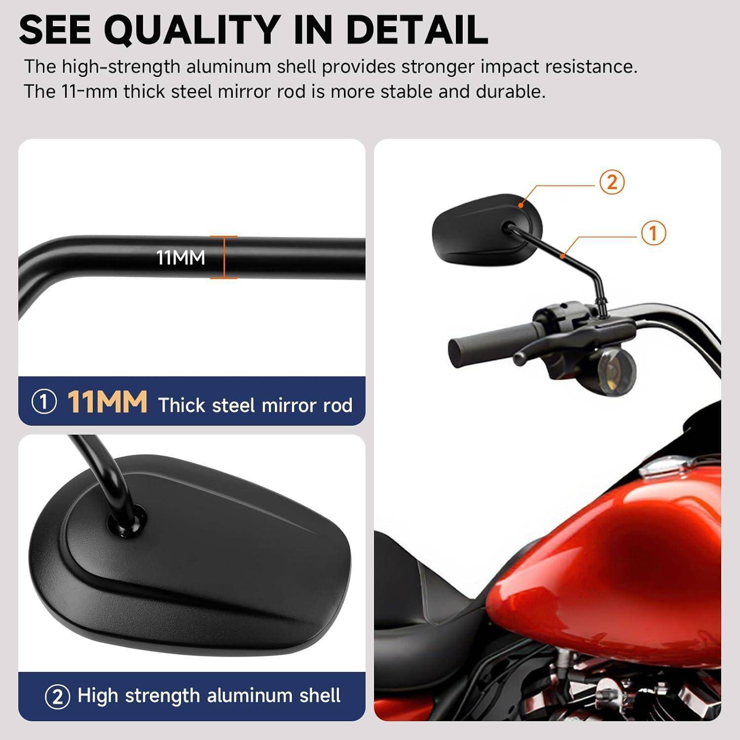 Werbegrafik für einen Motorrad-Spiegel mit einer 11 mm dicken Stahlspiegelstange und einer hochfesten Aluminimuschale, die Langlebigkeit und Schlagfestigkeit betont.