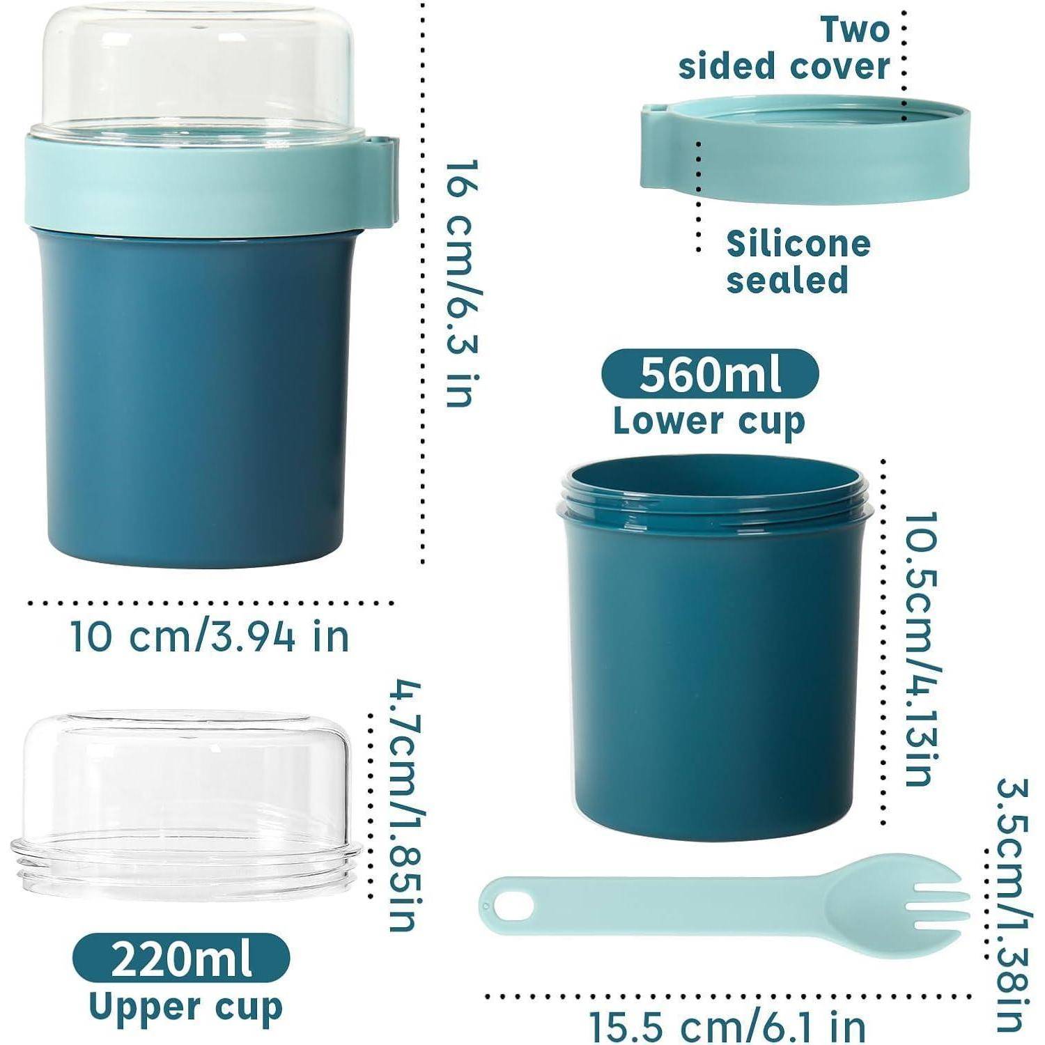 Produktdiagramm eines türkisfarbenen zweiteiligen Bechers mit silikon-versiegeltem zweiseitigem Deckel, das Abmessungen und Kapazitäten zeigt: 560 ml unterer Becher und 220 ml oberer Becher.