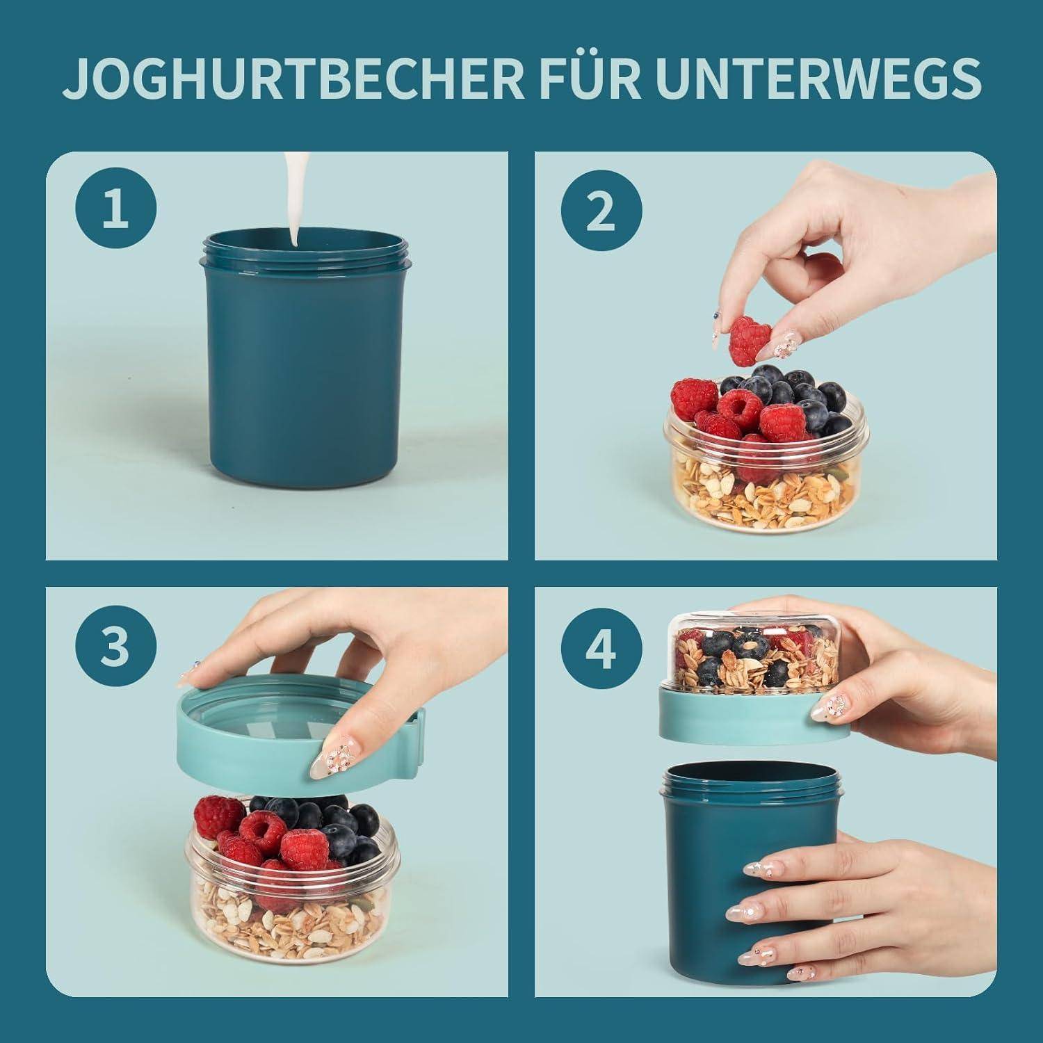 Müslibecher to go mit Löffel - Auslaufsicherer Joghurtbecher to go mit Unterteilung (560ml + 220ml) - Spülmaschinengeeignet & BPA-Frei - für Büro