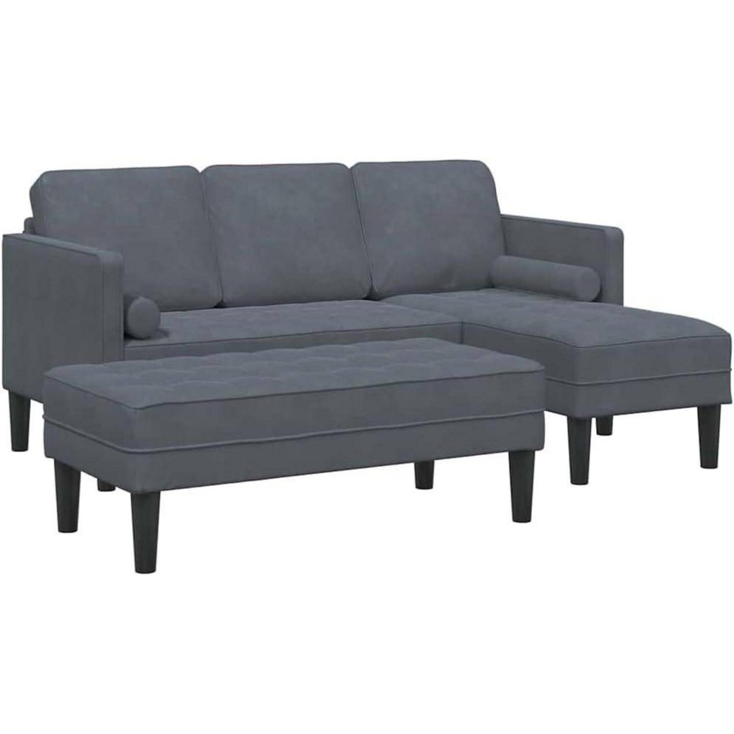 Grau dreiteiliges Ecksofa mit Chaiselongue, auf weißem Hintergrund abgebildet.