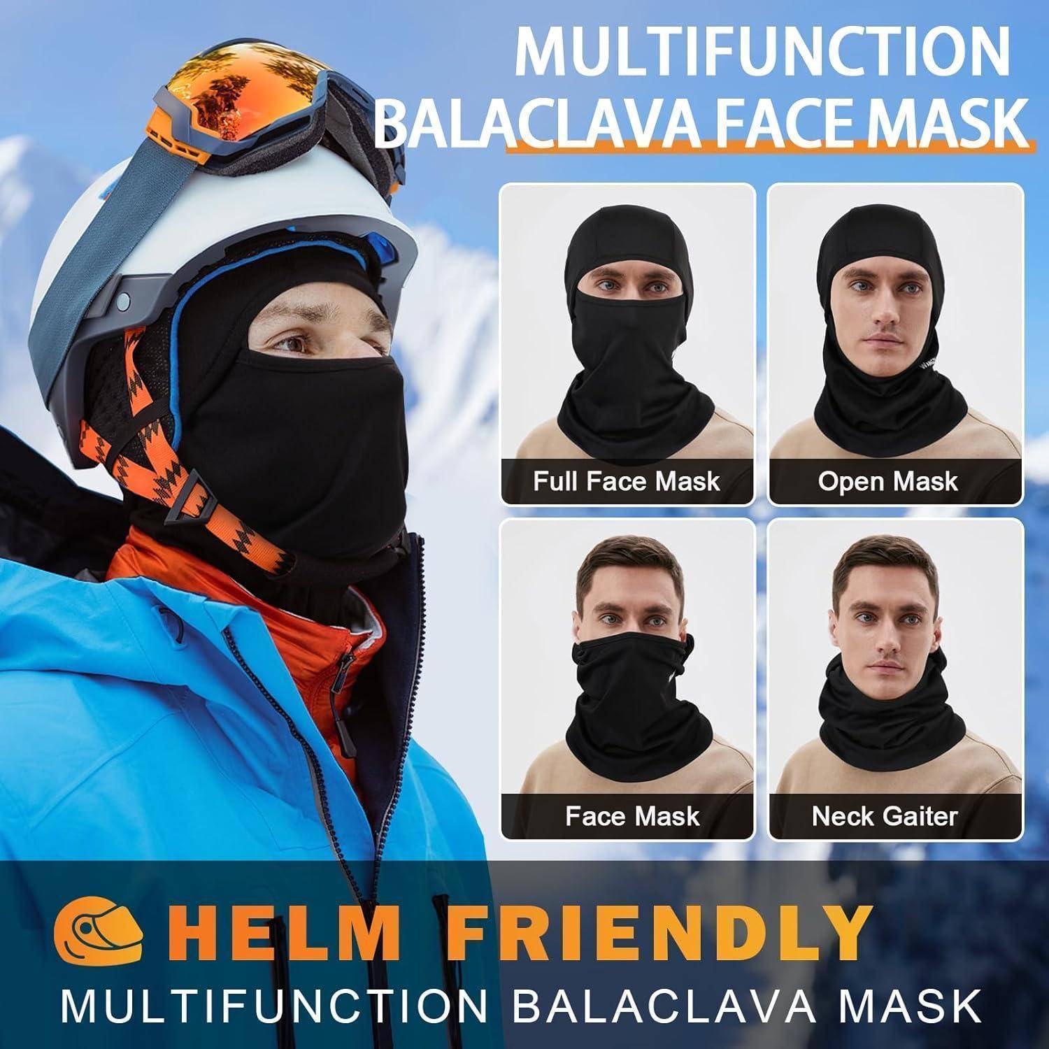 Werbebild einer helmfreundlichen Multifunktions-Sturmhaube, das einen Träger und vier Trageweisen zeigt: Vollgesichtsmaske, offene Maske, Gesichtsmaske und Halswärmer.