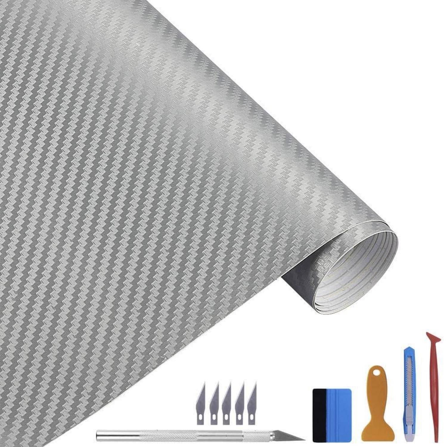 Rolle aus grauem Carbon-Fiber-Vinyl mit enthaltenen Klinge-Werkzeugen und Rakel auf weißem Hintergrund.