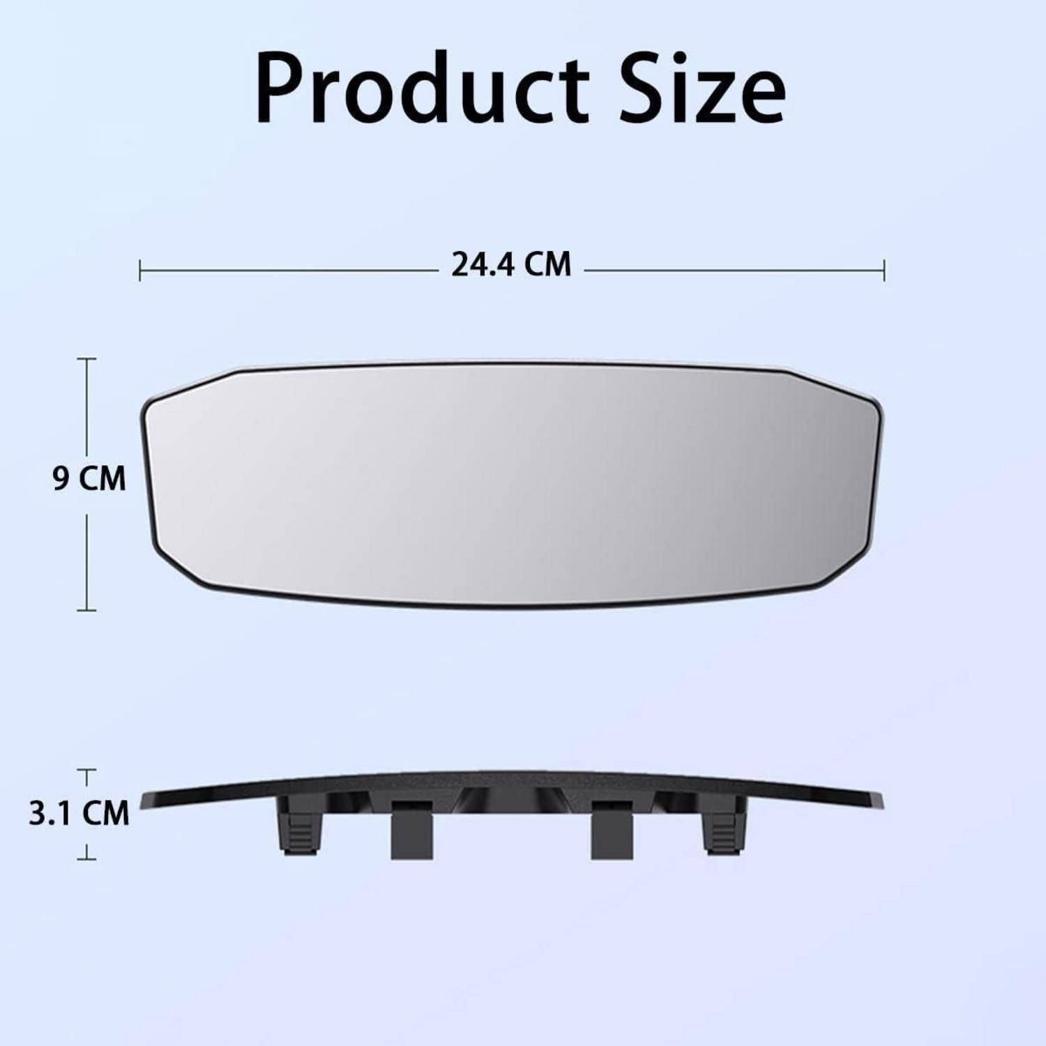 Größendiagramm des Produkts, das ein gekrümmtes Paneel zeigt, 24,4 cm breit und 9 cm hoch, mit 3,1 cm Tiefe/Profil darunter angegeben.